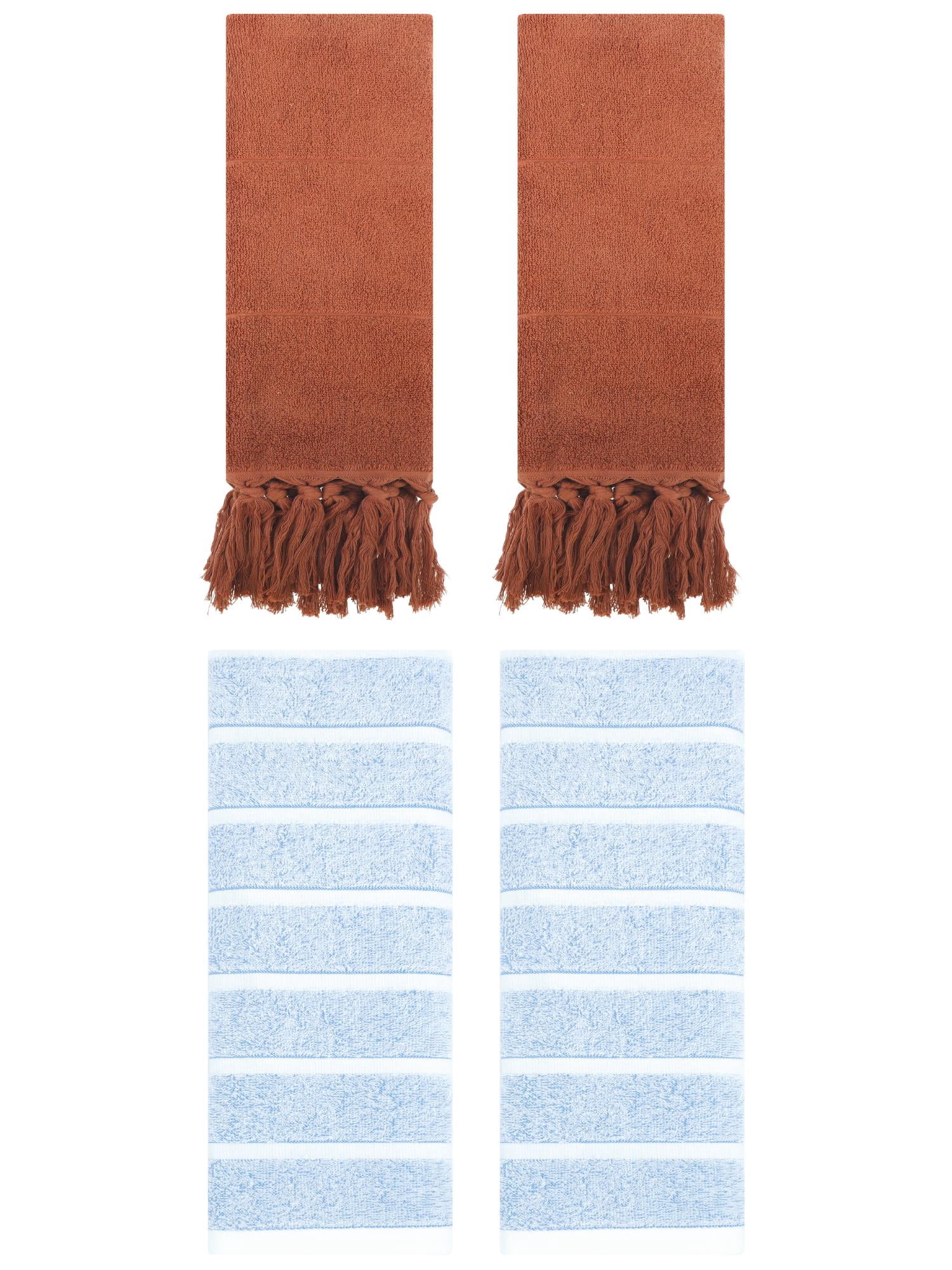 Unique Bargains 4 Pack Striped Solid Hand Towel Brown/Blue 14"x30"/13"x29"