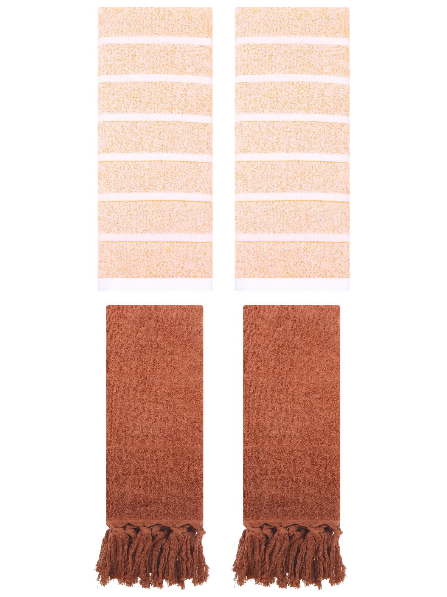 Unique Bargains 4 Pack Striped Solid Hand Towel Brown/Orange 14"x30"/13"x29"