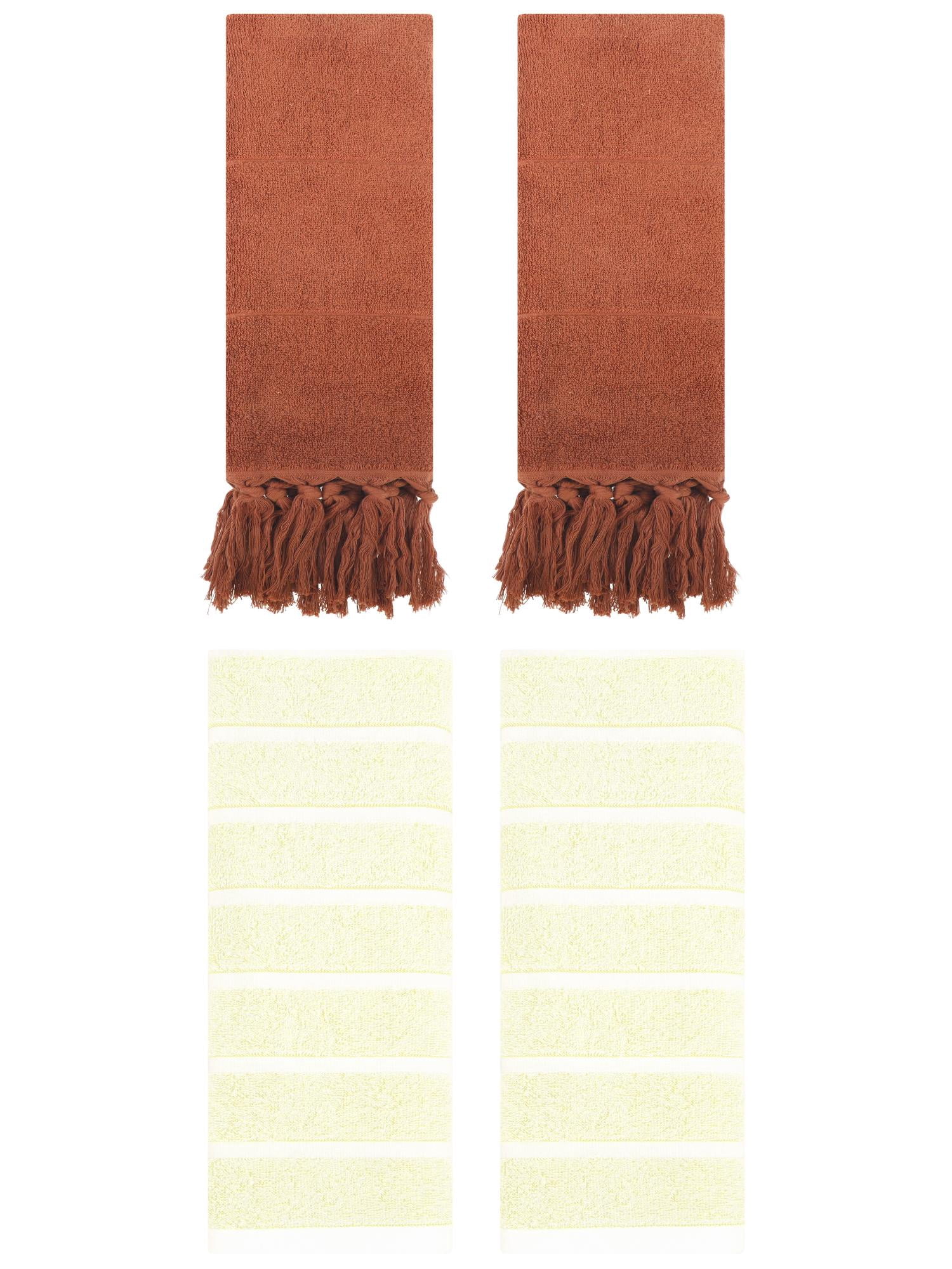 Unique Bargains 4 Pack Striped Solid Hand Towel Brown/Yellow 14"x30"/13"x29"