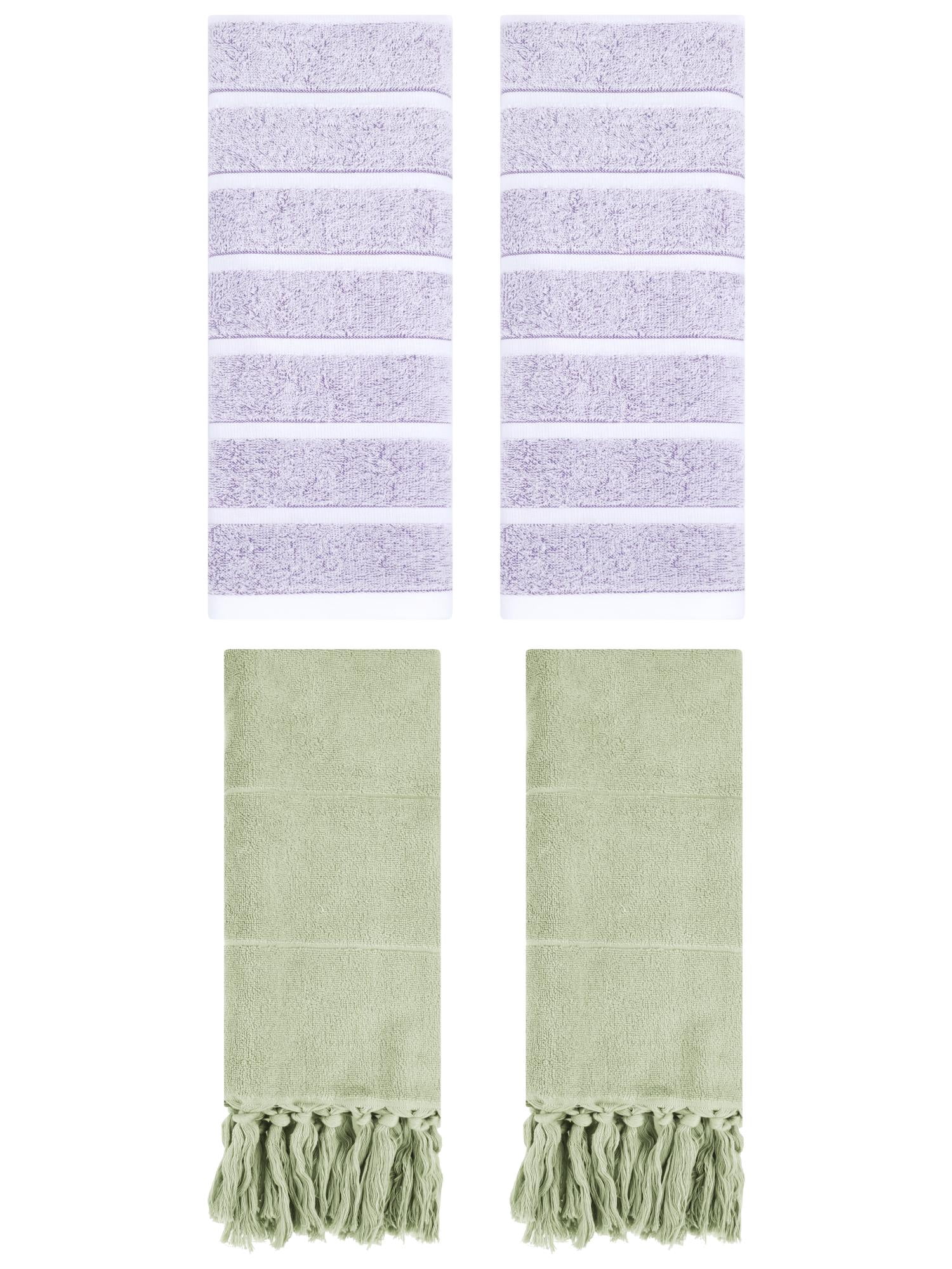 Unique Bargains 4 Pack Striped Solid Hand Towel Green/Light Purple 14"x30"/13"x29"