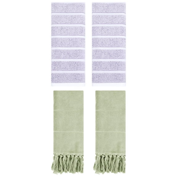 Unique Bargains 4 Pack Striped Solid Hand Towel Green/Light Purple 14"x30"/13"x29"