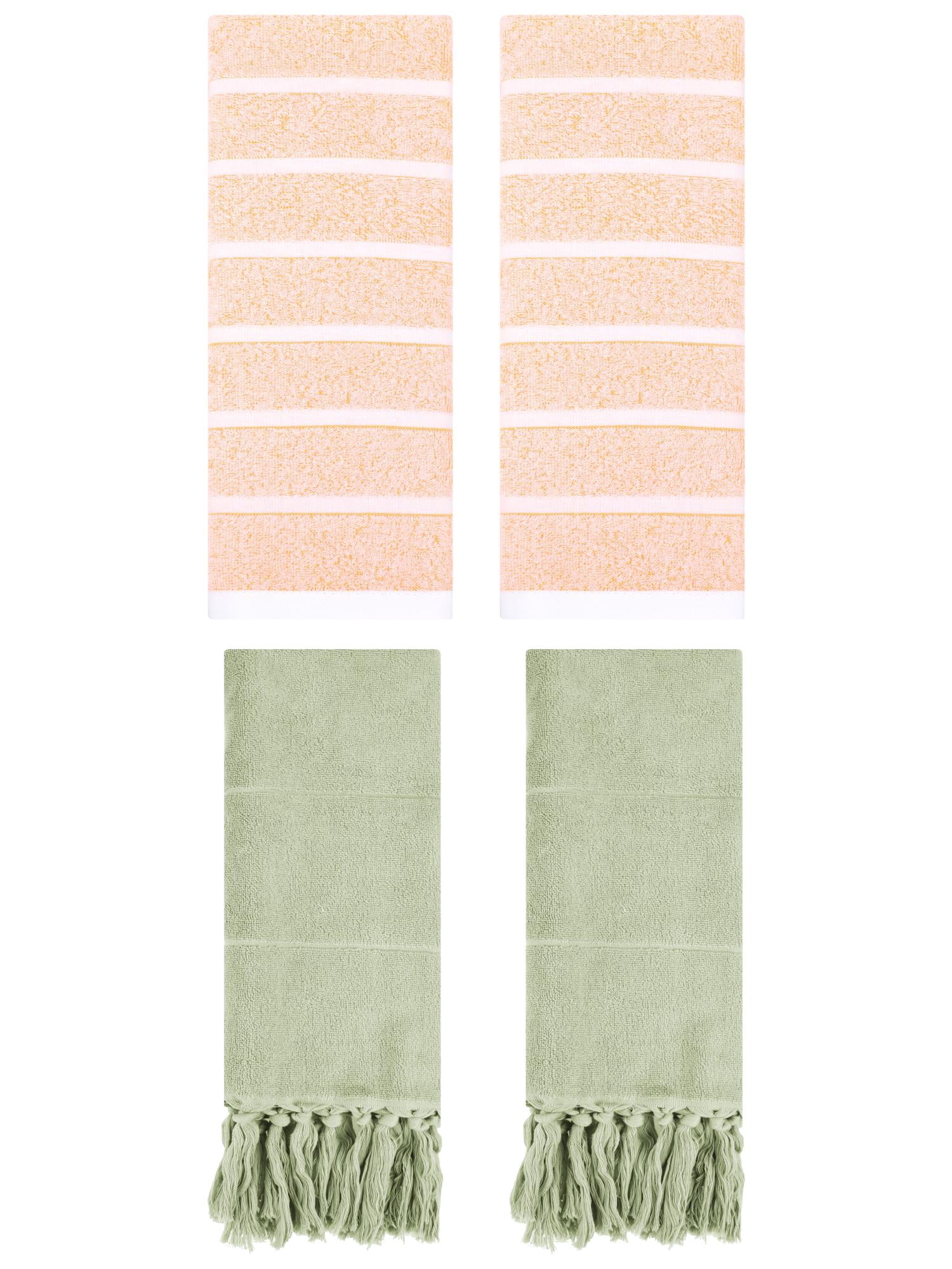 Unique Bargains 4 Pack Striped Solid Hand Towel Green/Orange 14"x30"/13"x29"