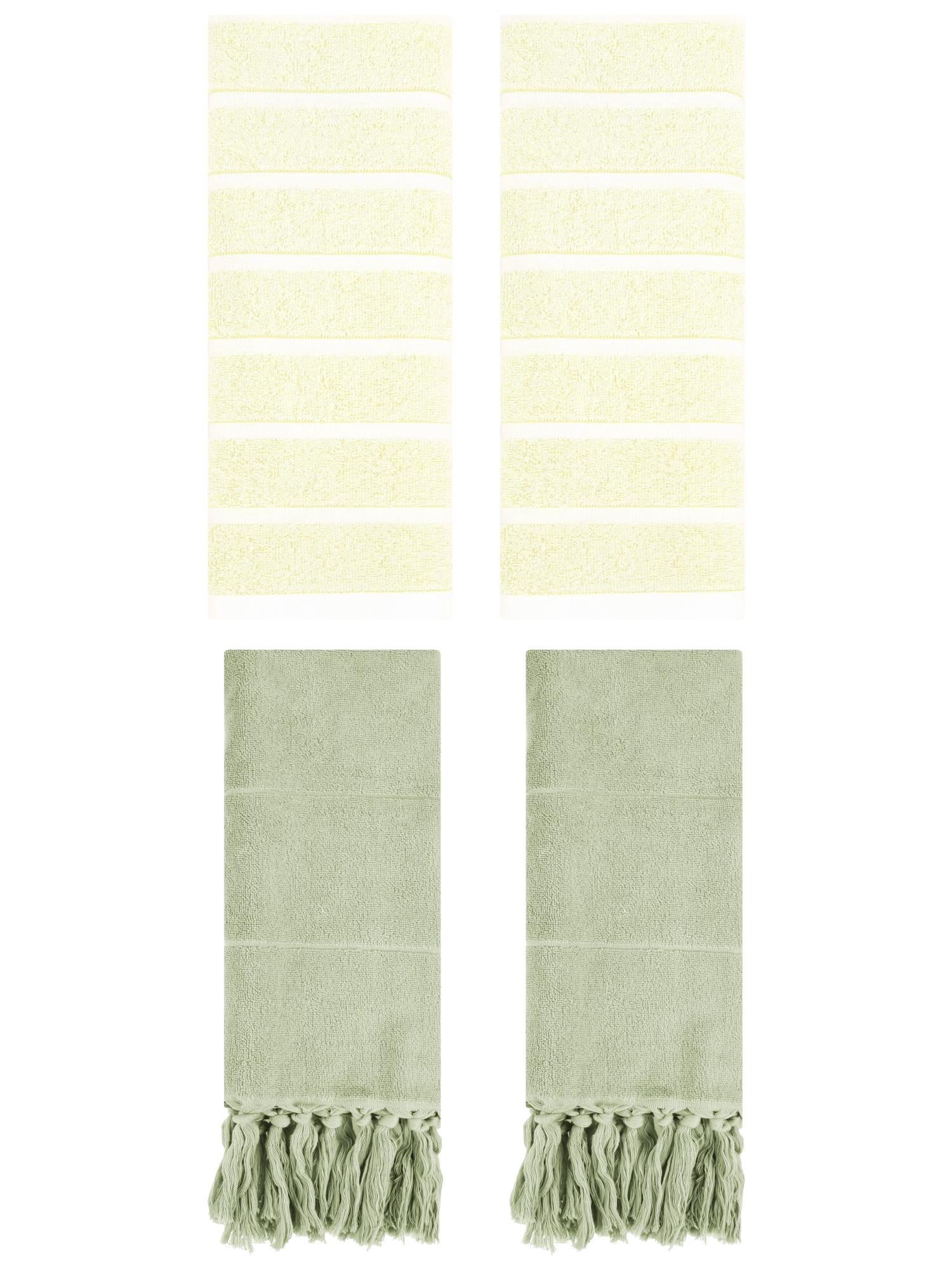 Unique Bargains 4 Pack Striped Solid Hand Towel Green/Yellow 14"x30"/13"x29"