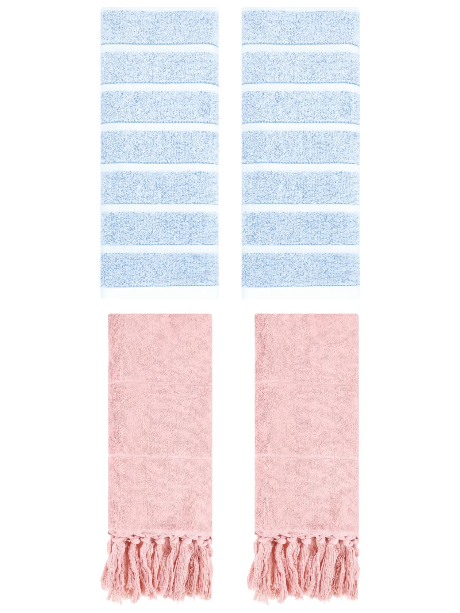 Unique Bargains 4 Pack Striped Solid Hand Towel Pink/Blue 14"x30"/13"x29"