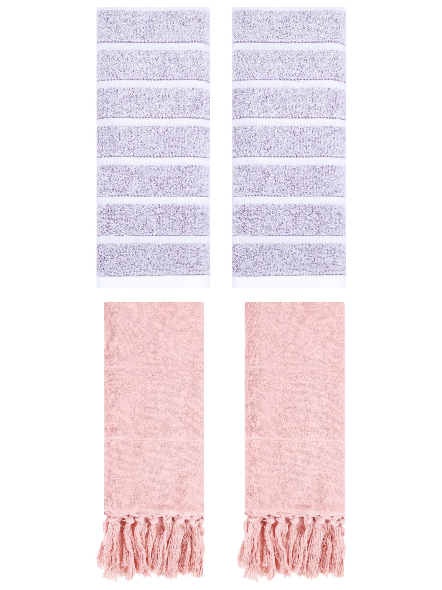 Unique Bargains 4 Pack Striped Solid Hand Towel Pink/Light Purple 14"x30"/13"x29"