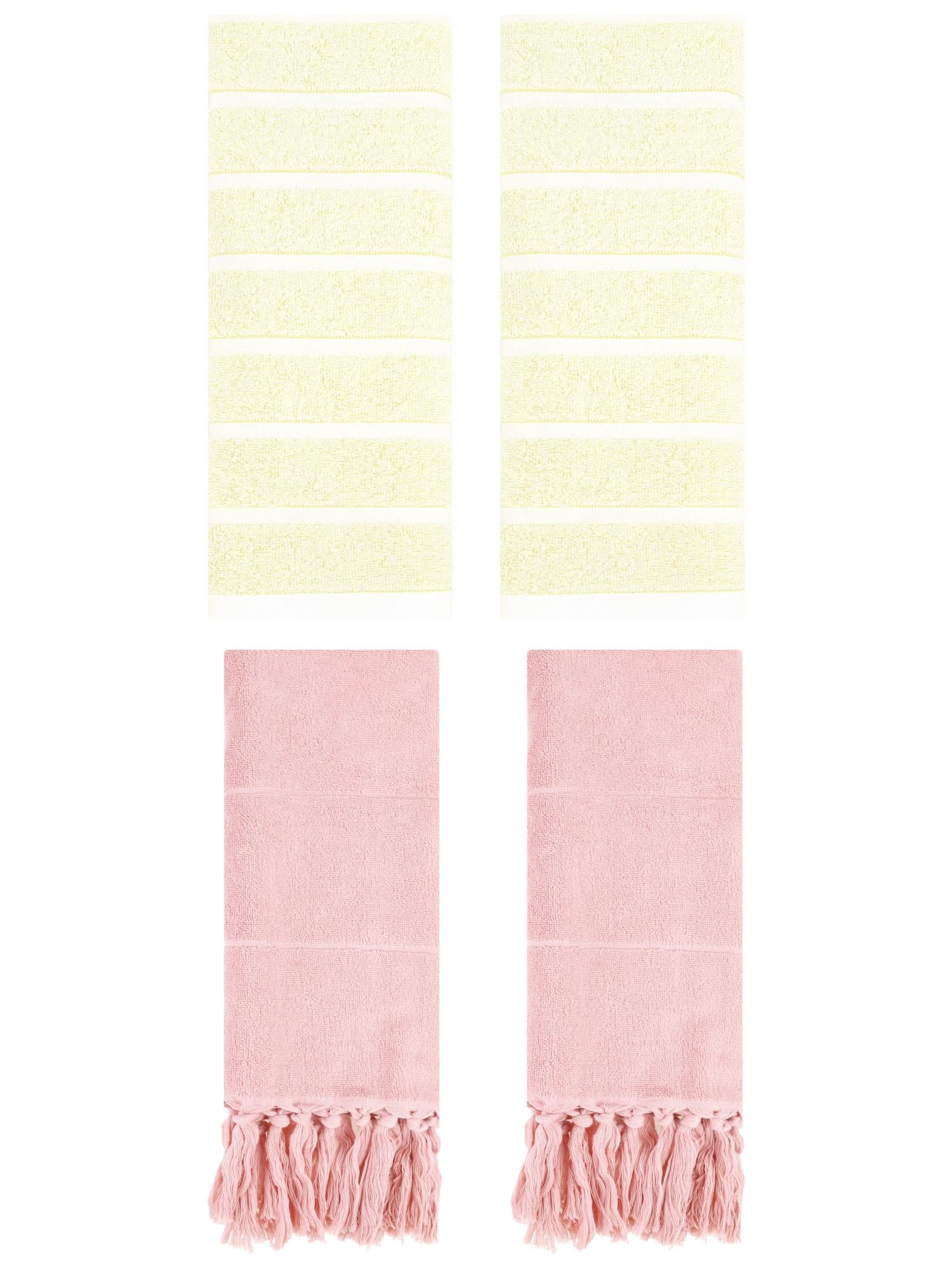 Unique Bargains 4 Pack Striped Solid Hand Towel Pink/Yellow 14"x30"/13"x29"