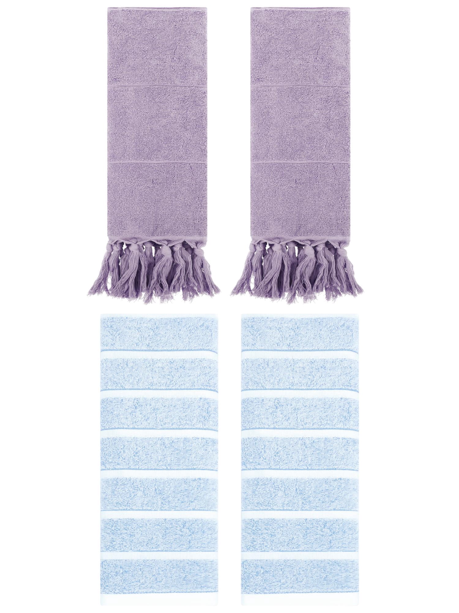 Unique Bargains 4 Pack Striped Solid Hand Towel Purple/Blue 14"x30"/13"x29"