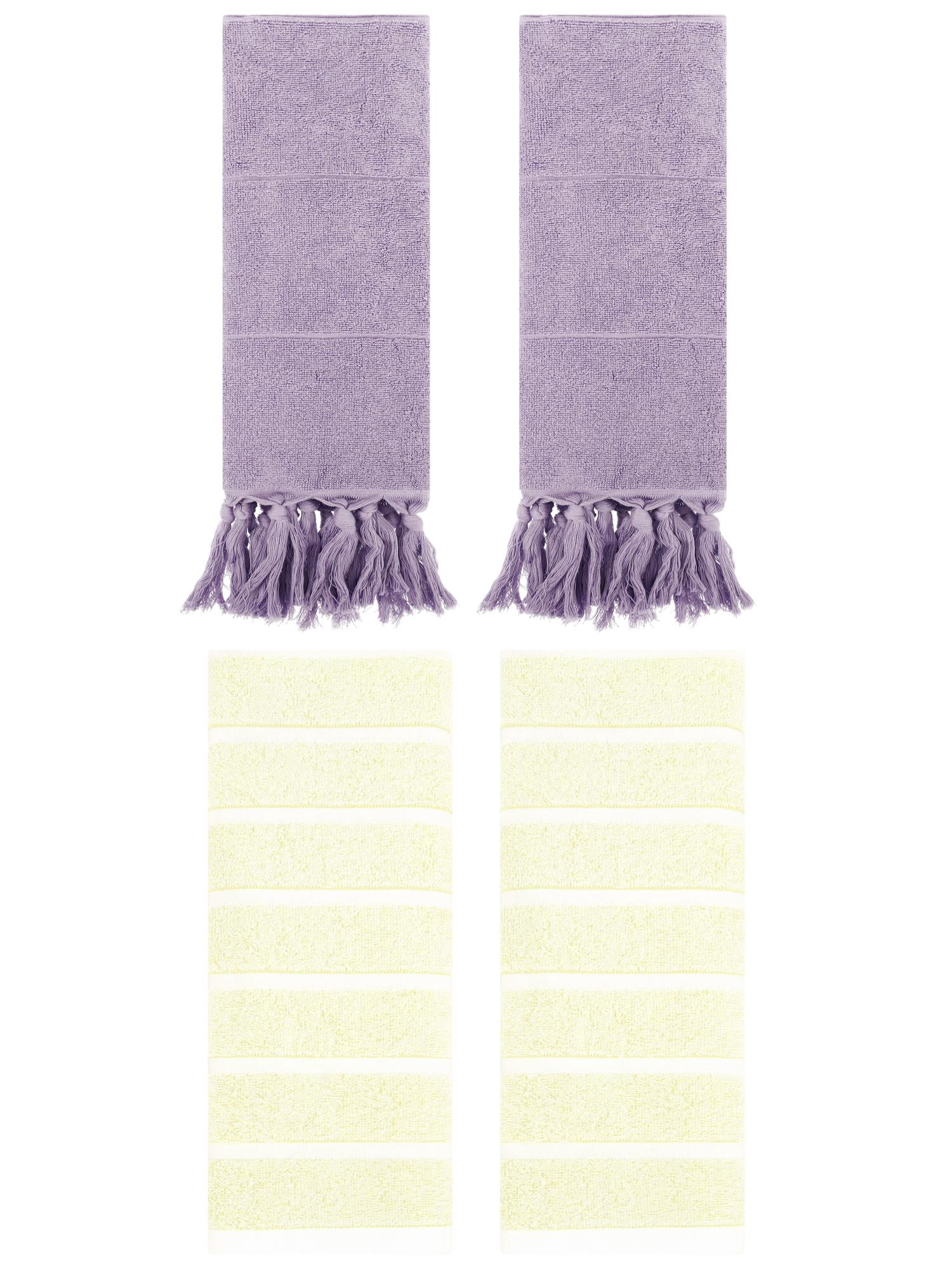 Unique Bargains 4 Pack Striped Solid Hand Towel Purple/Yellow 14"x30"/13"x29"