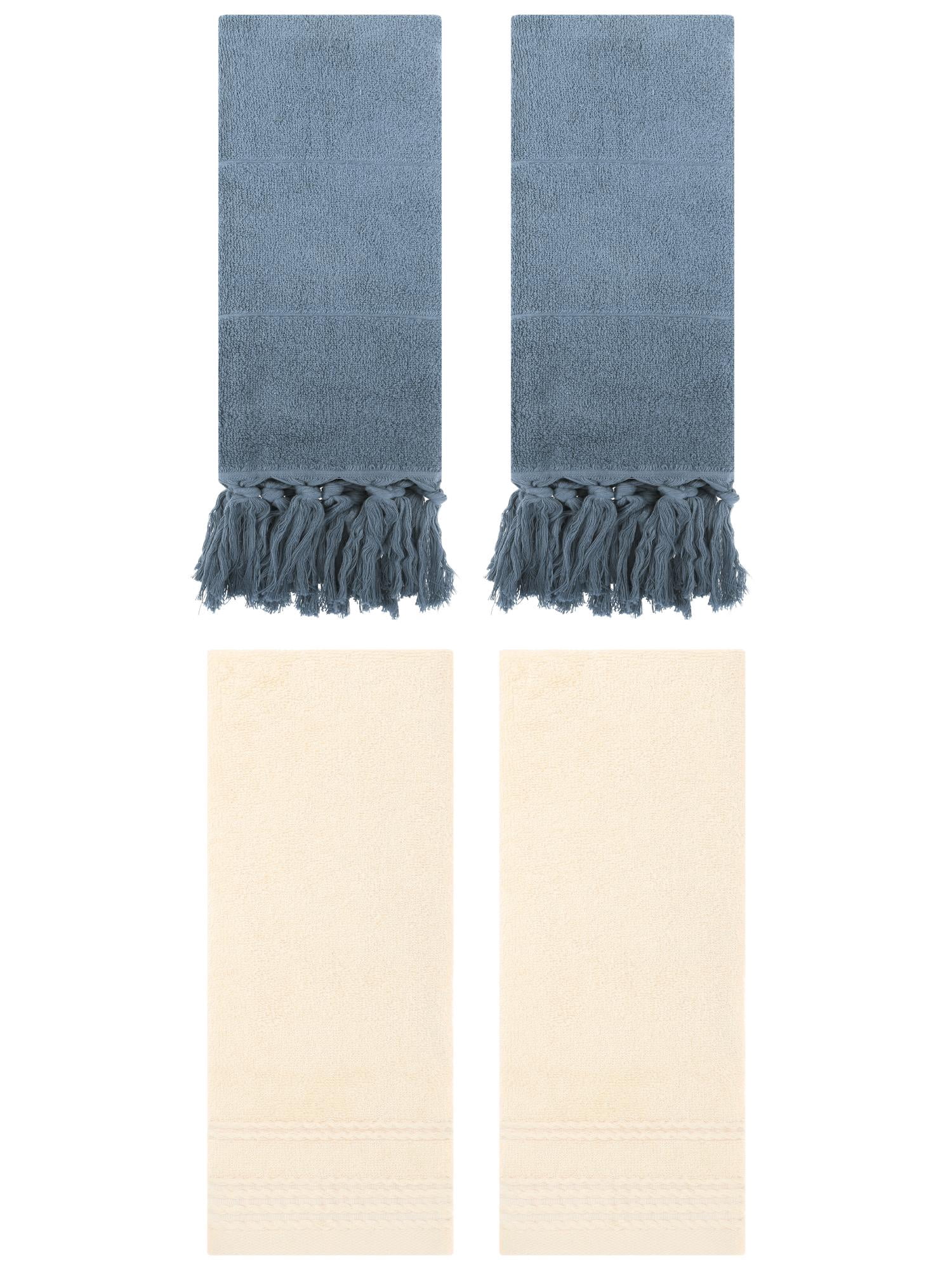 Unique Bargains 4 Packs Striped Tassels Hand Towels 14" x 30" Blue/Beige