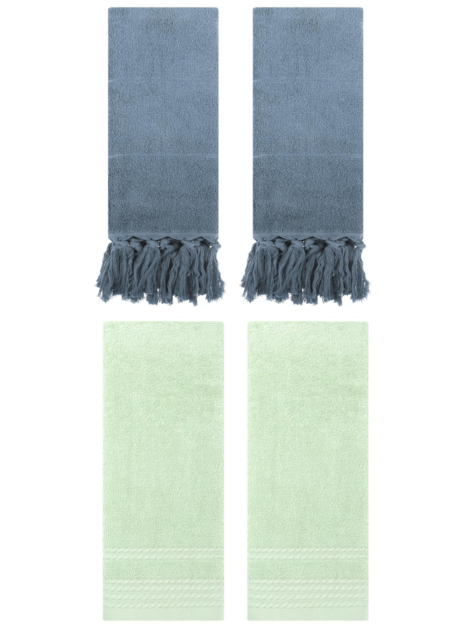 Unique Bargains 4 Packs Striped Tassels Hand Towels 14" x 30" Blue/Green