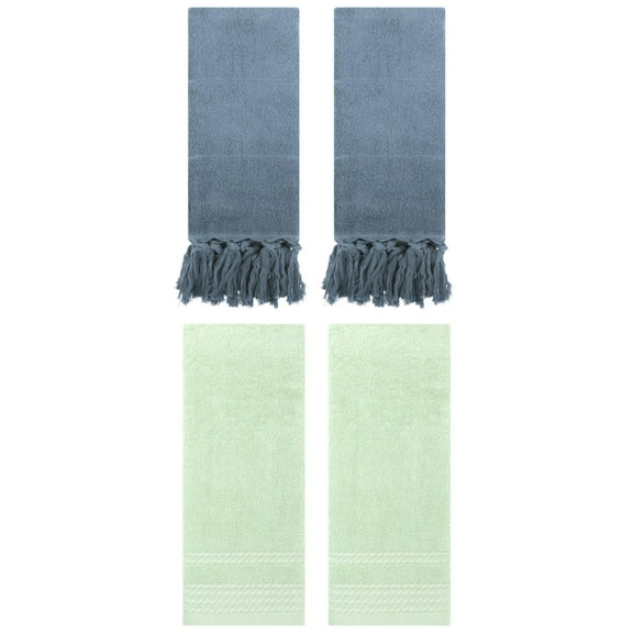 Unique Bargains 4 Packs Striped Tassels Hand Towels 14" x 30" Blue/Green