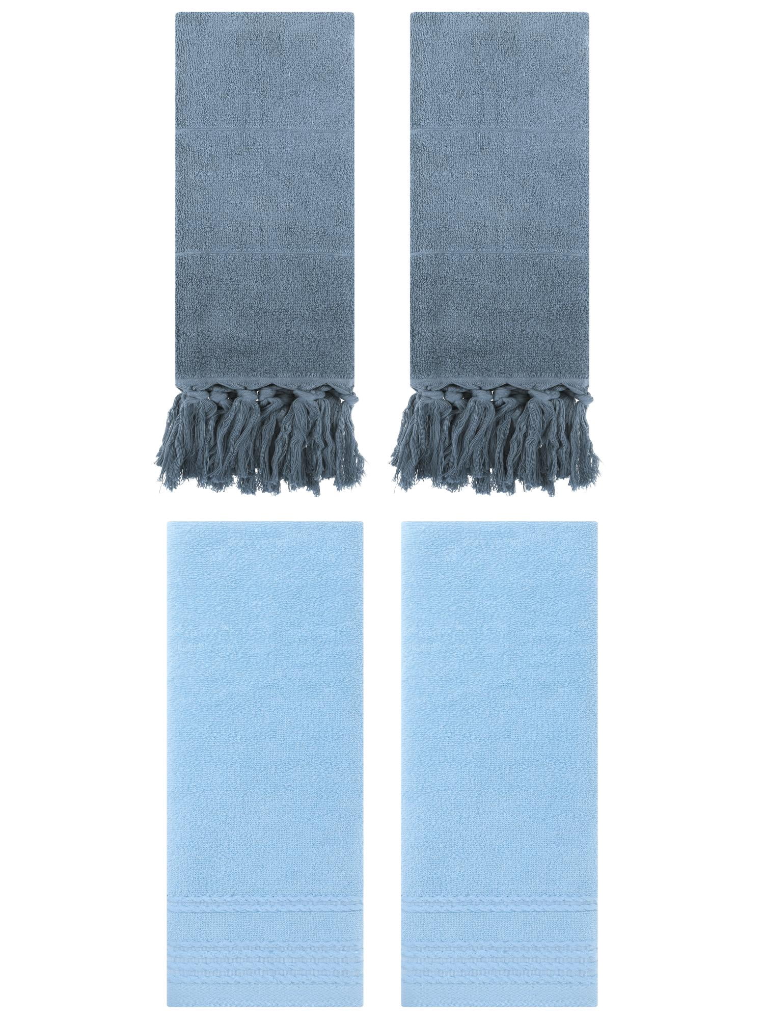 Unique Bargains 4 Packs Striped Tassels Hand Towels 14" x 30" Blue