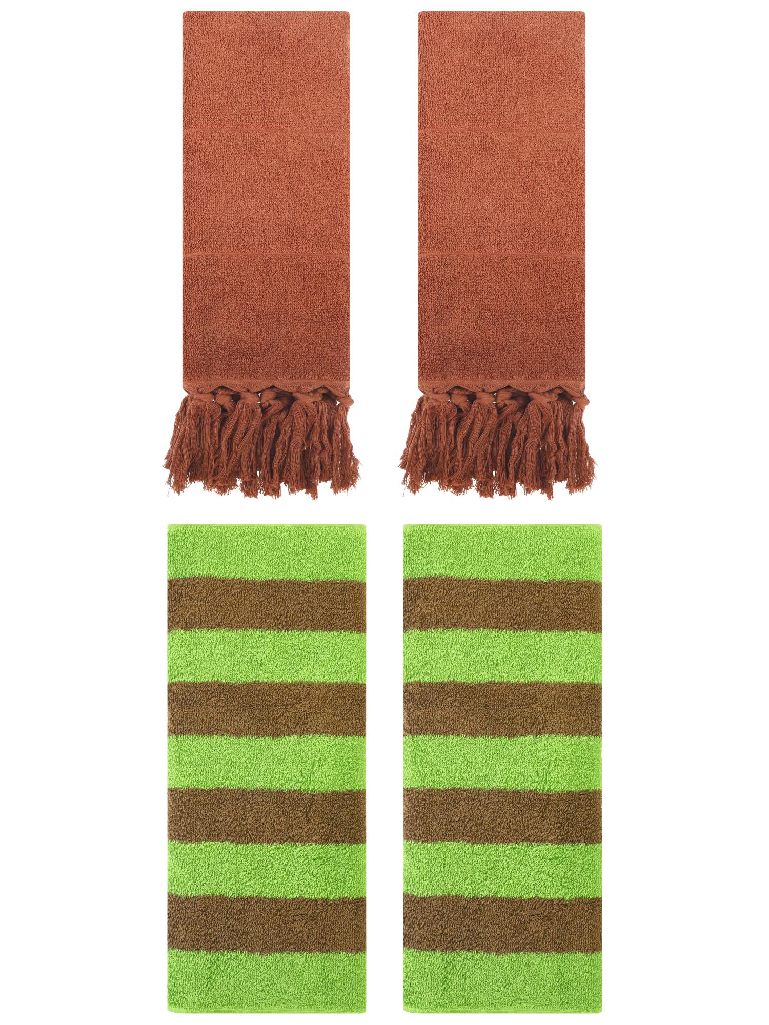 Unique Bargains 4 Pack Tassels Cotton Hand Towel for Bathroom Brown/Green Brown