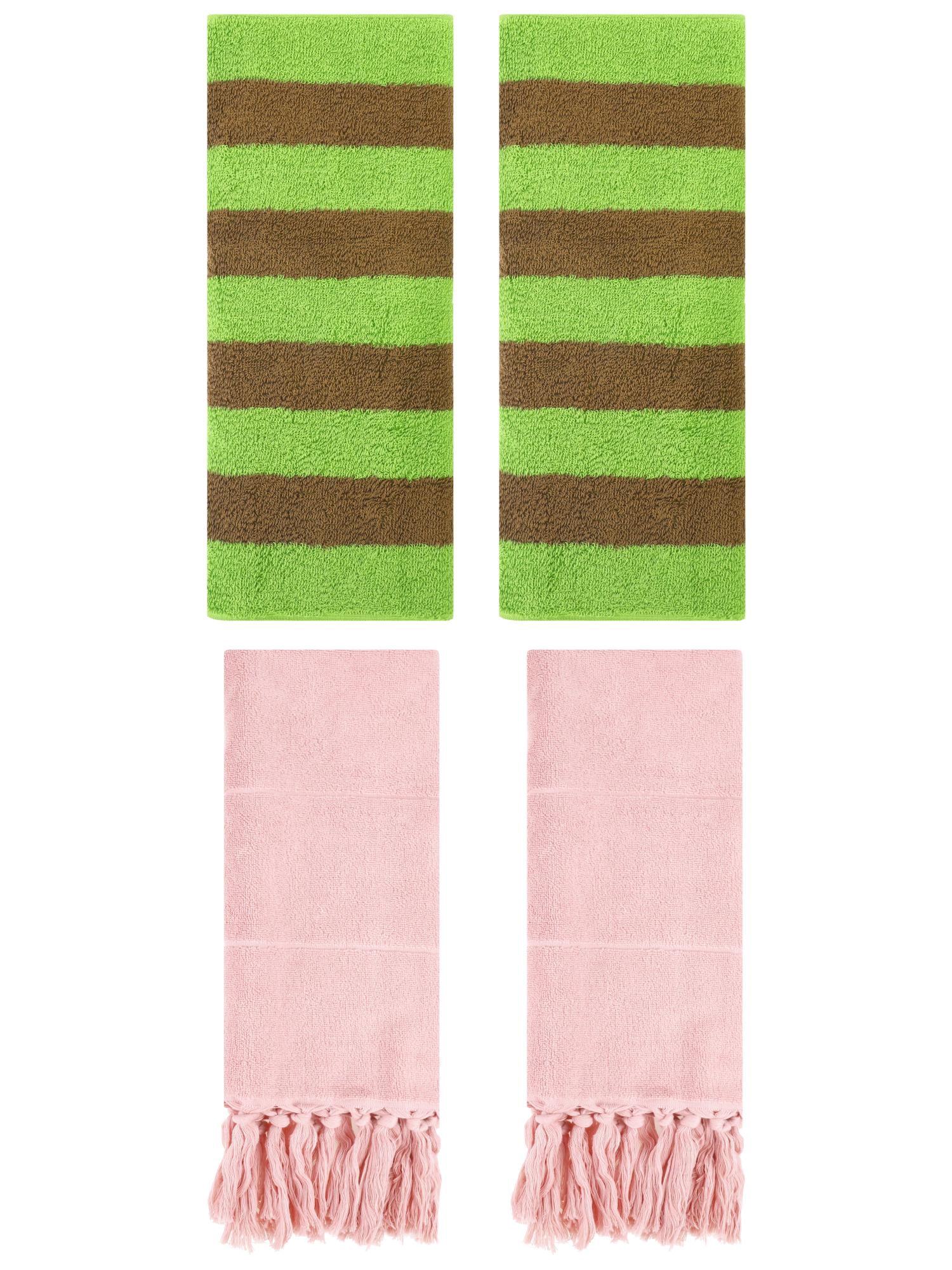 Unique Bargains 4 Pack Tassels Cotton Hand Towel for Bathroom Pink/Green Brown