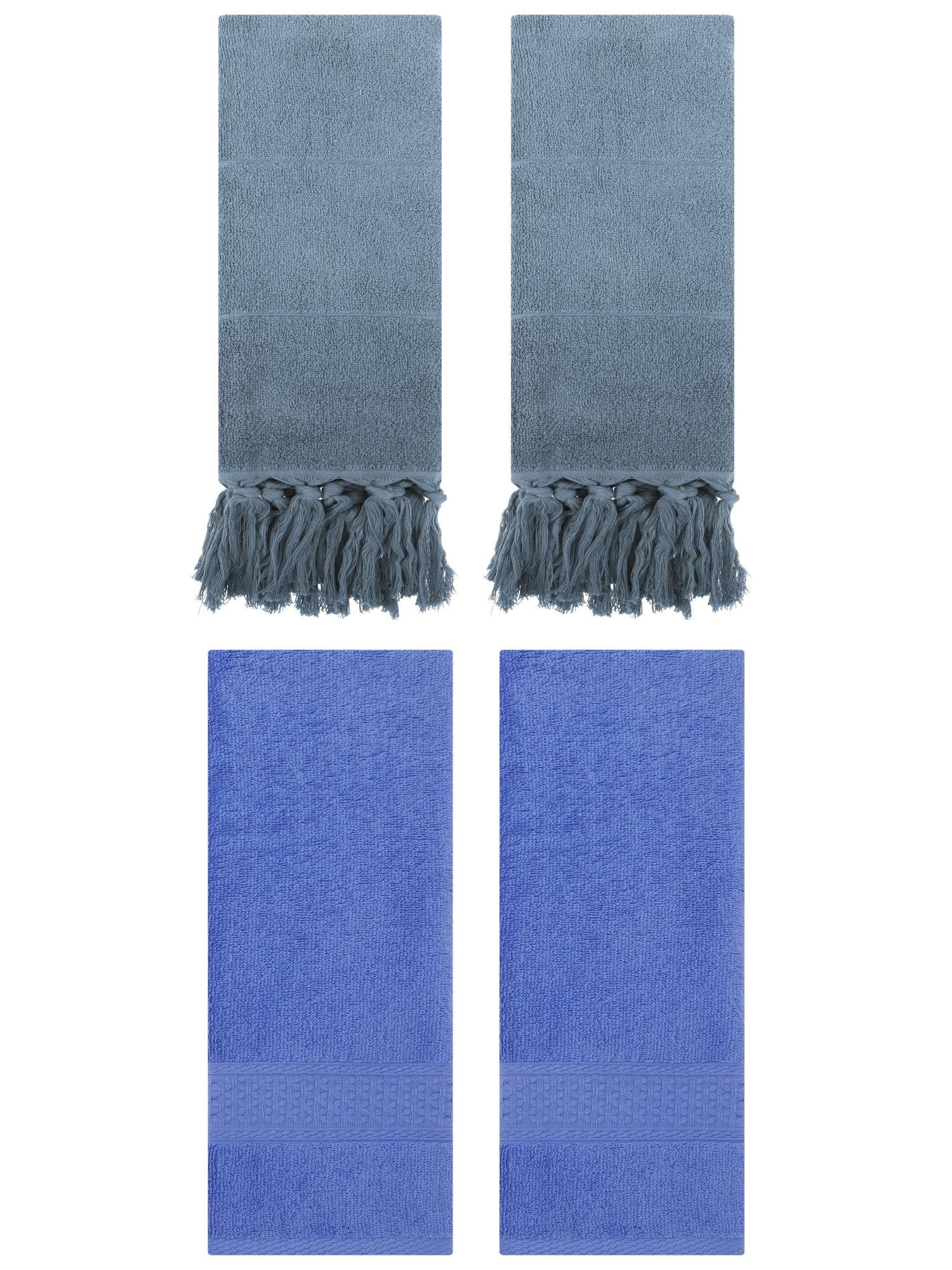 Unique Bargains 4 Packs Textured Tassels Hand Towel Blue 14" x 30"/13" x 30"