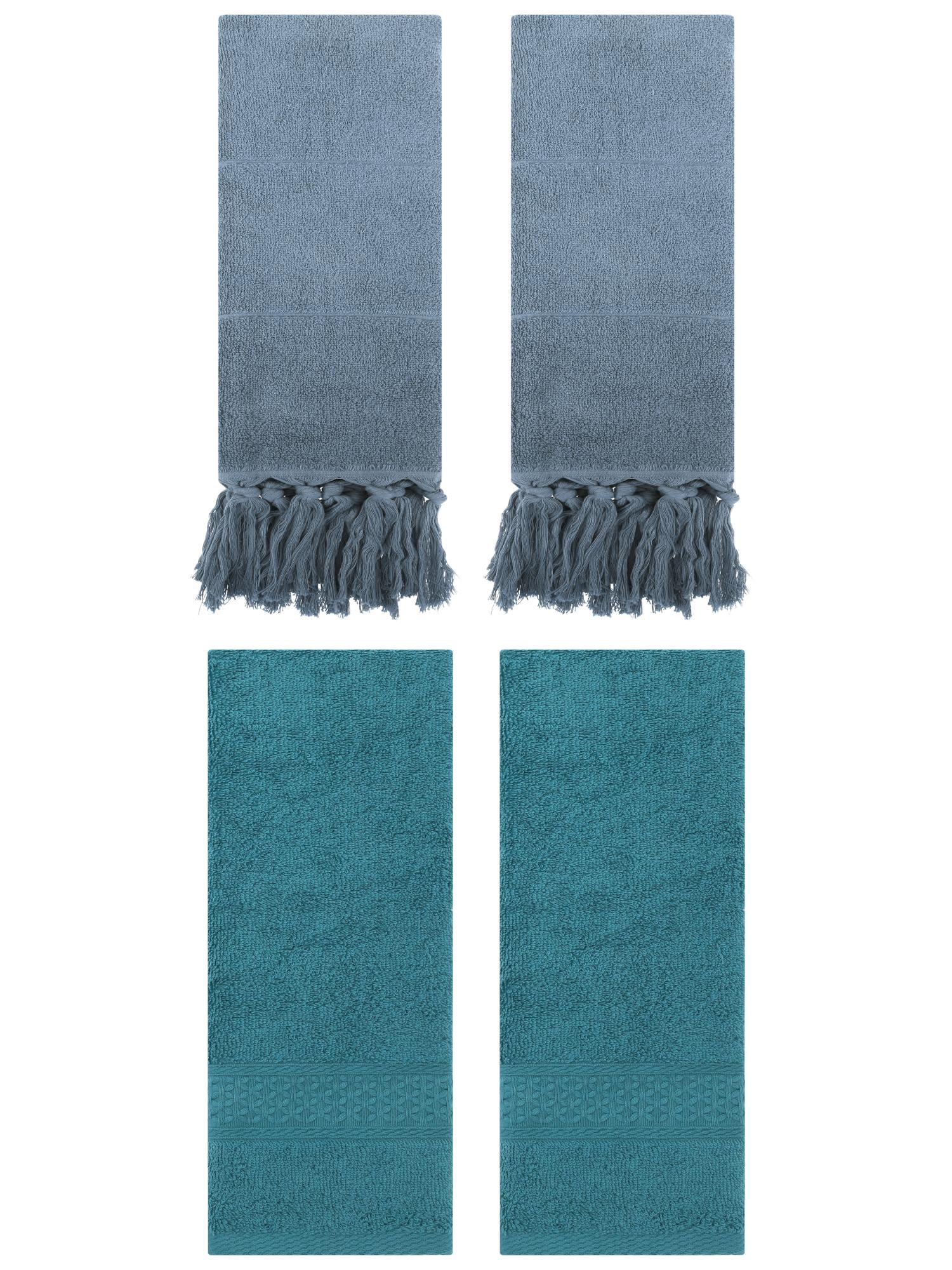 Unique Bargains 4 Packs Textured Tassels Hand Towel Blue/Dark Green 14" x 30"/13" x 30"