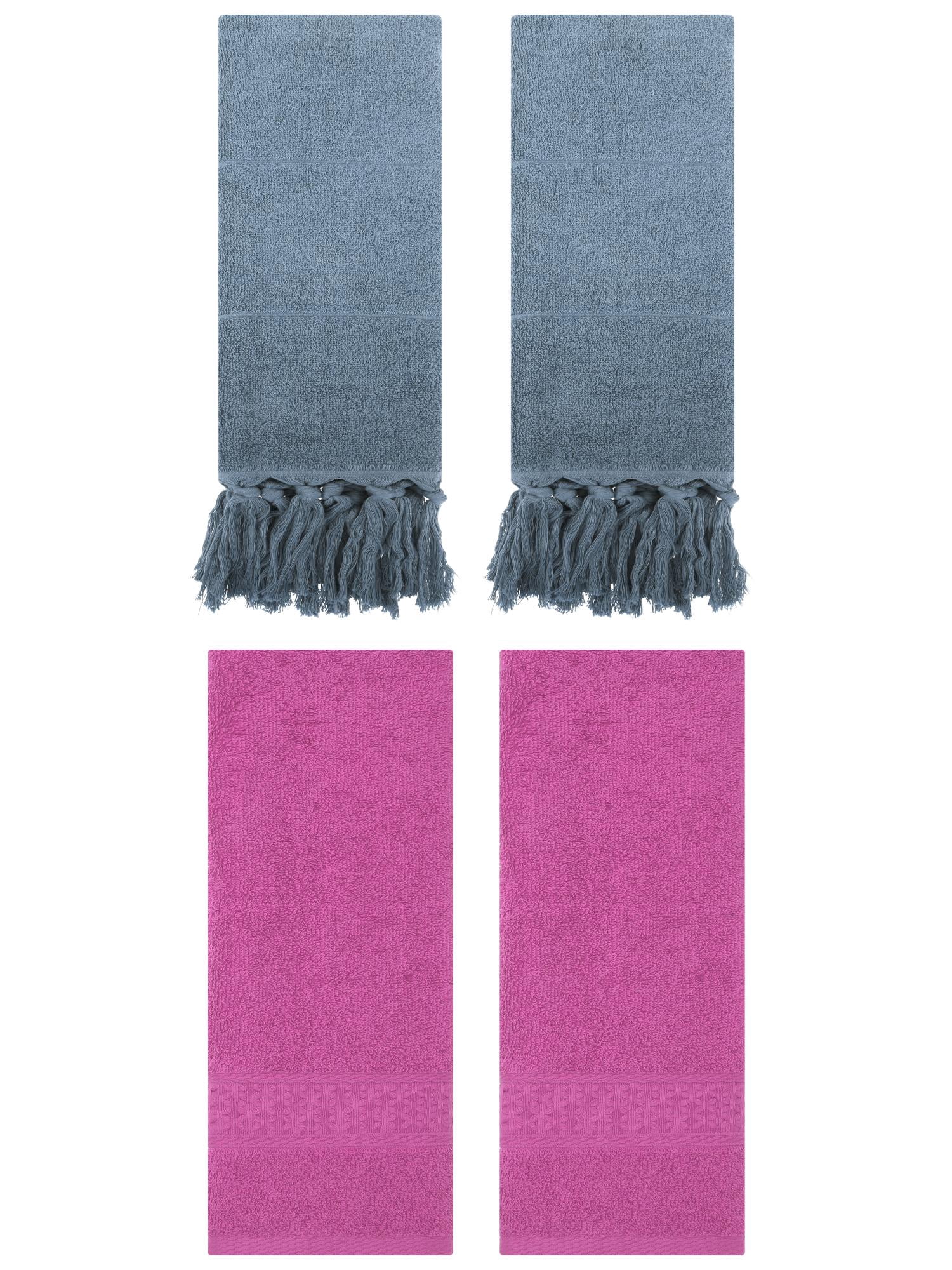 Unique Bargains 4 Packs Textured Tassels Hand Towel Blue/Dark Pink 14" x 30"/13" x 30"