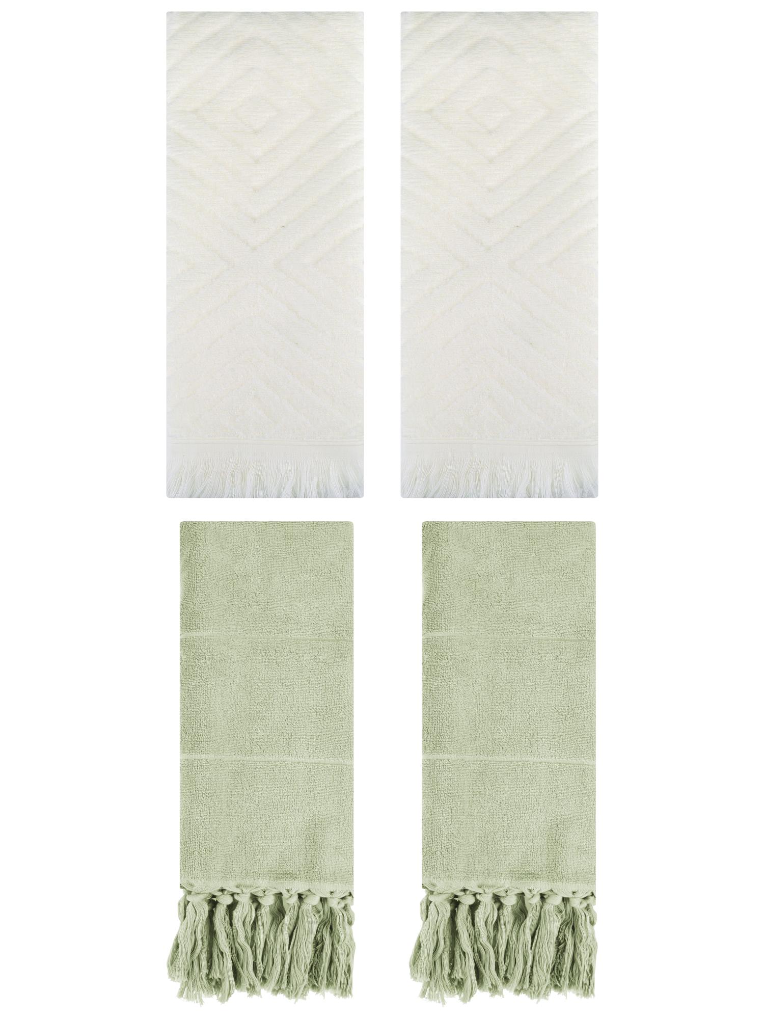 Unique Bargains 4 Pack Turkish Hand Towels with Tassel Green/Beige 14"x30"/13"x29"