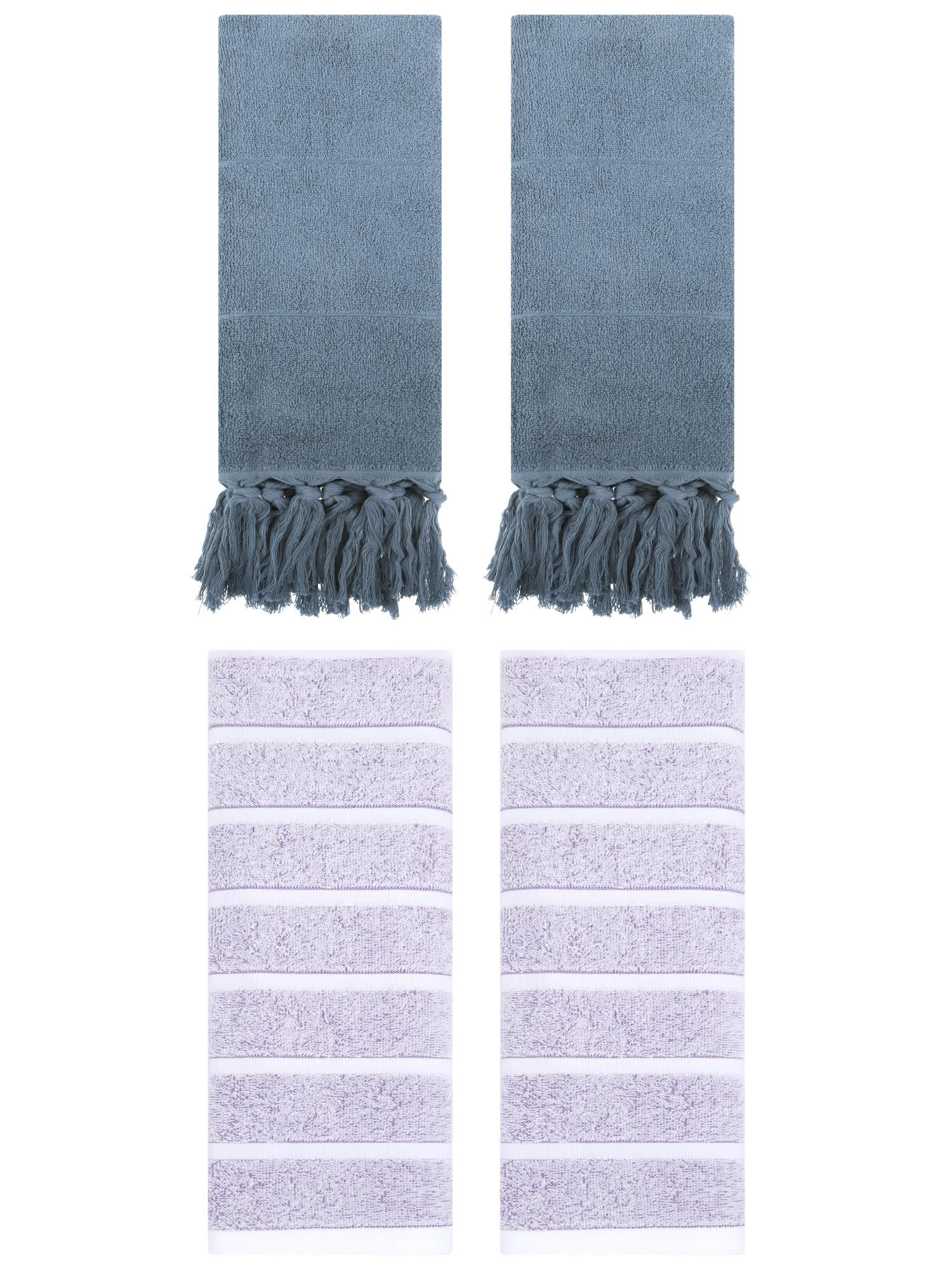 Unique Bargains 4 Pack Striped and Solid Absorbent Soft Cotton Hand Towel for Bathroom Blue/Light Purple 14" x 30"/13" x 29"