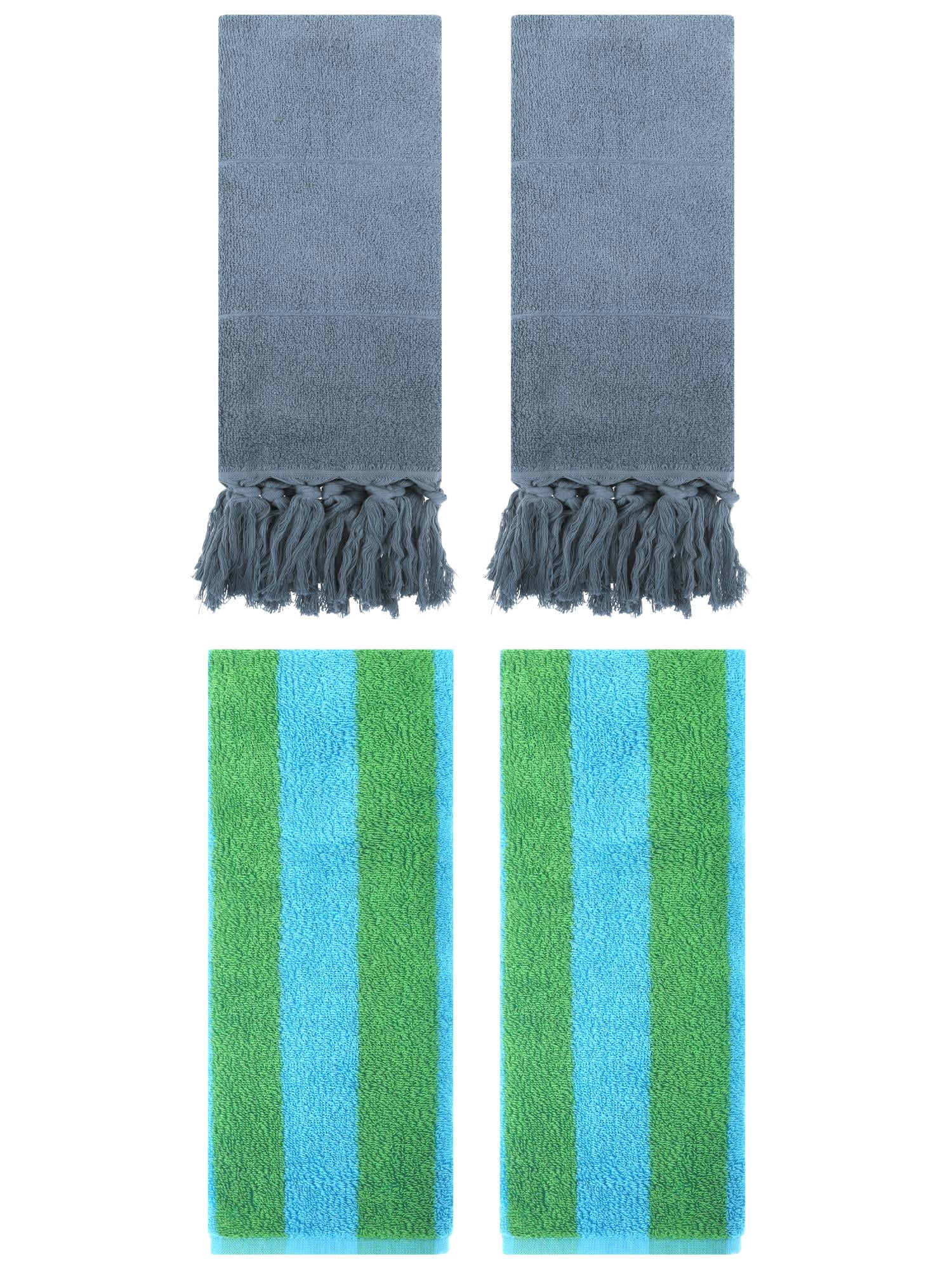 Unique Bargains 4 Pack Striped and Solid Tassels Cotton Hand Towel for Bathroom Blue/Blue Green