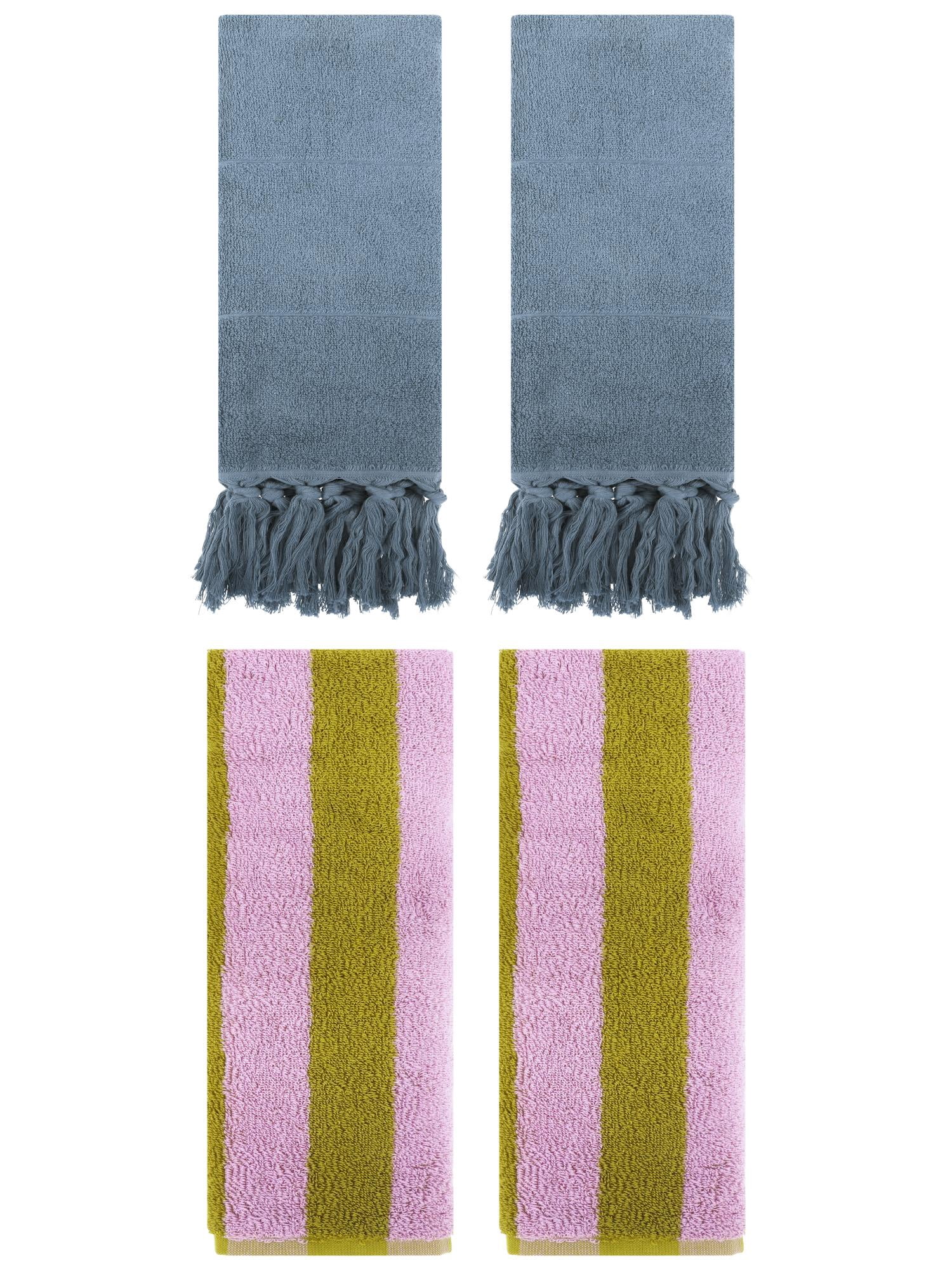 Unique Bargains 4 Pack Striped and Solid Tassels Cotton Hand Towel for Bathroom Blue/Pink Brown