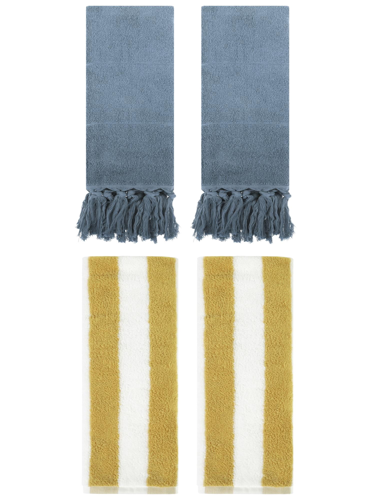 Unique Bargains 4 Pack Striped and Solid Tassels Cotton Hand Towel for Bathroom Blue/Yellow White