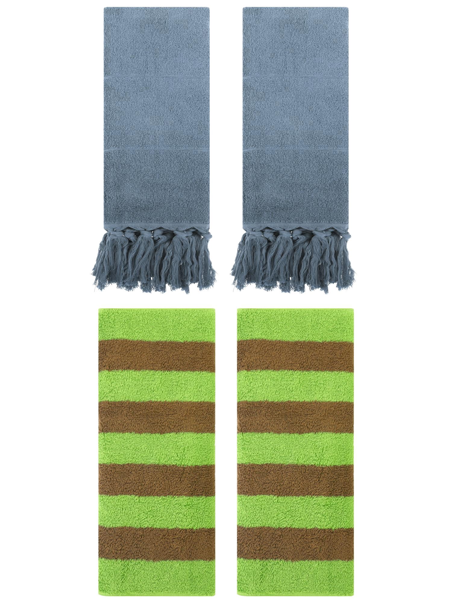 Unique Bargains 4 Pack Striped and Solid Tassels Cotton Hand Towel for Bathroom Blue/Green Brown