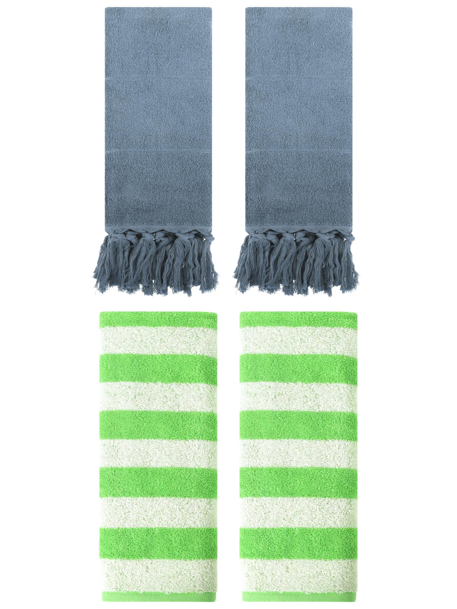 Unique Bargains 4 Pack Striped and Solid Tassels Cotton Hand Towel for Bathroom Blue/Green