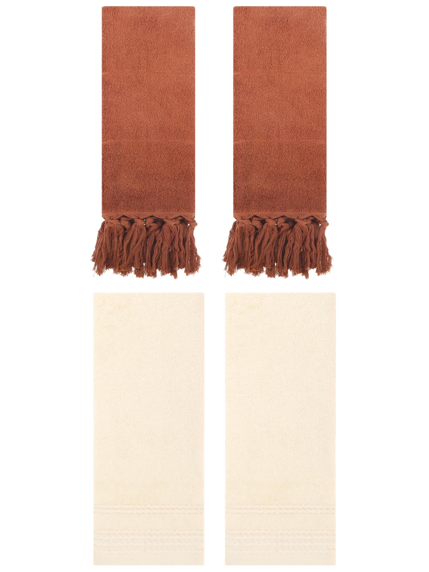 Unique Bargains 4 Packs Striped Tassels Hand Towels 14" x 30" Brown/Beige