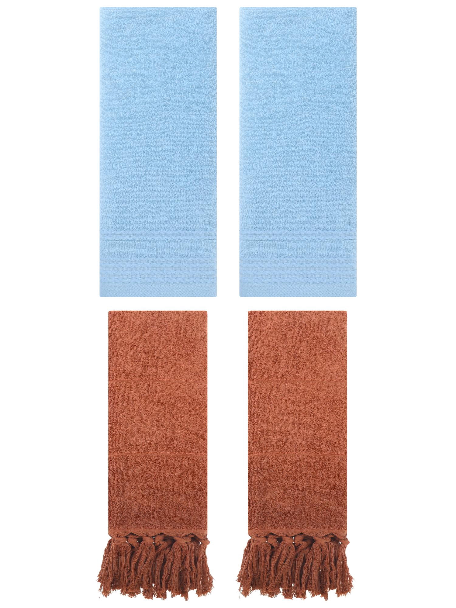 Unique Bargains 4 Packs Striped Tassels Hand Towels 14" x 30" Brown/Blue