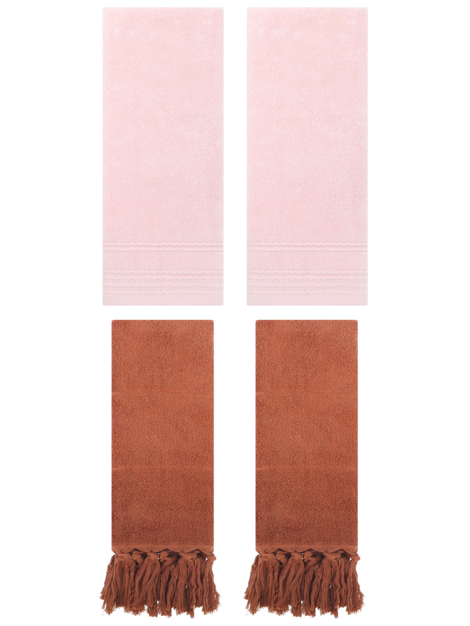 Unique Bargains 4 Packs Striped Tassels Hand Towels 14" x 30" Brown/Pink