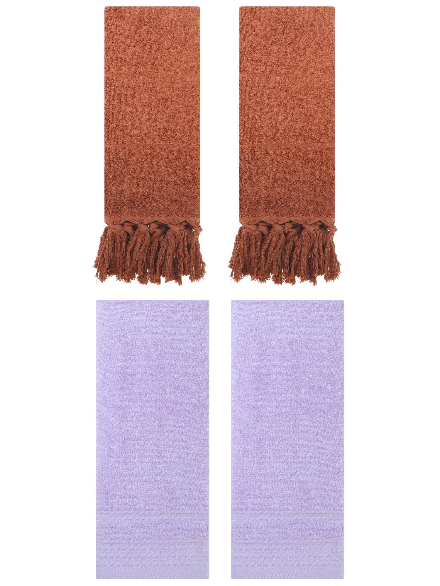 Unique Bargains 4 Packs Striped Tassels Hand Towels 14" x 30" Brown/Purple
