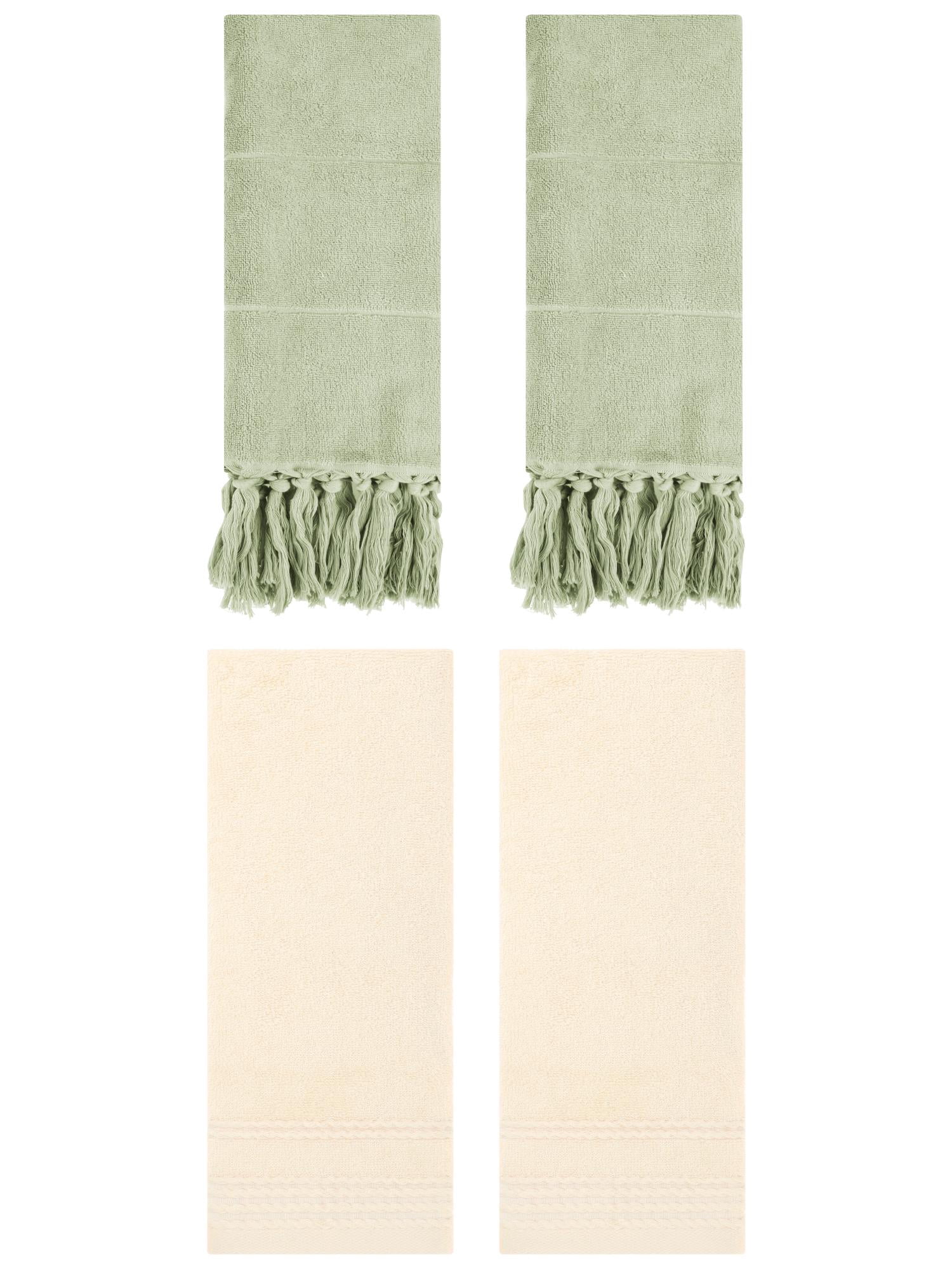Unique Bargains 4 Packs Striped Tassels Hand Towels 14" x 30" Green/Beige