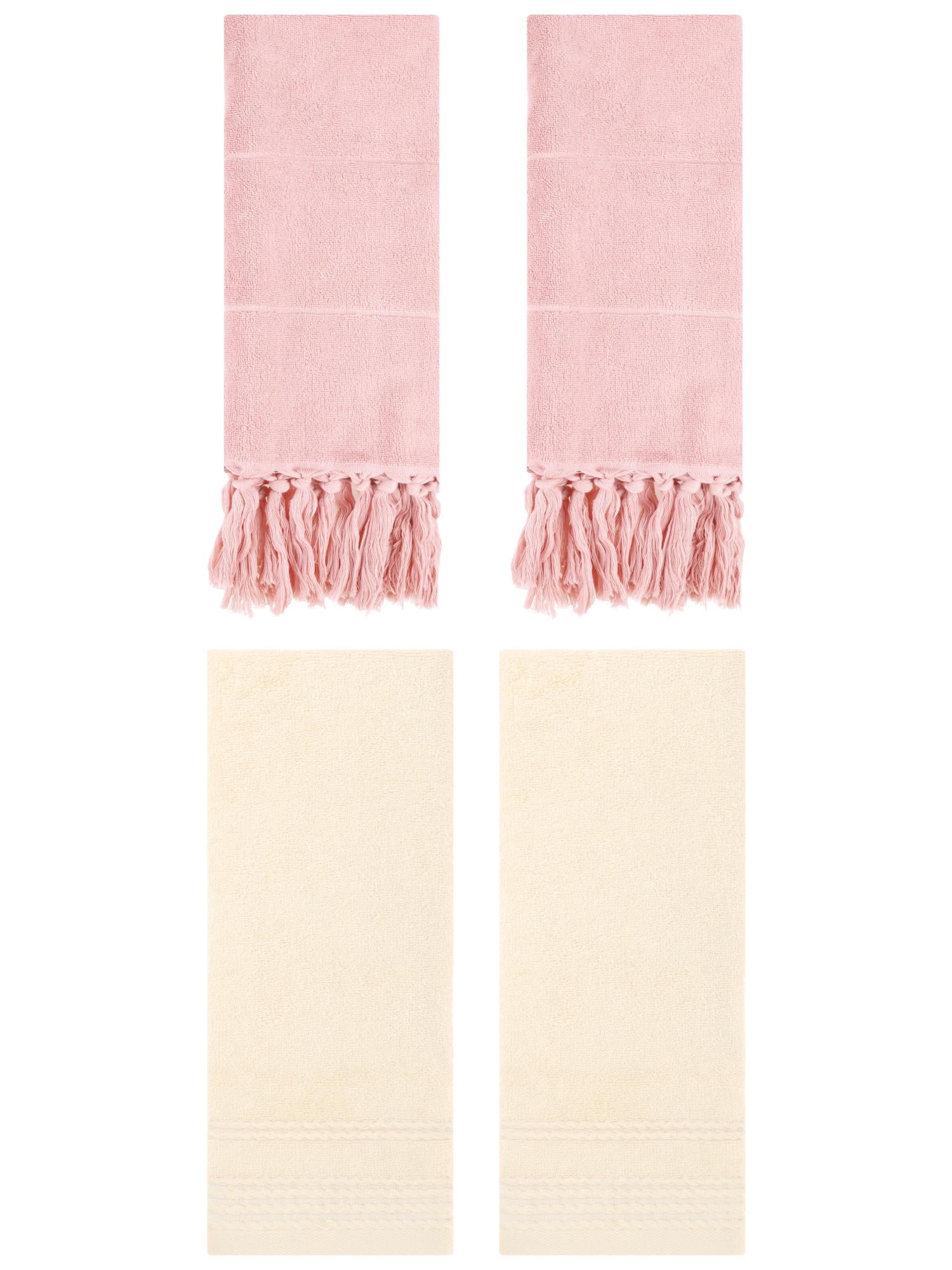 Unique Bargains 4 Packs Striped Tassels Hand Towels 14" x 30" Pink/Beige