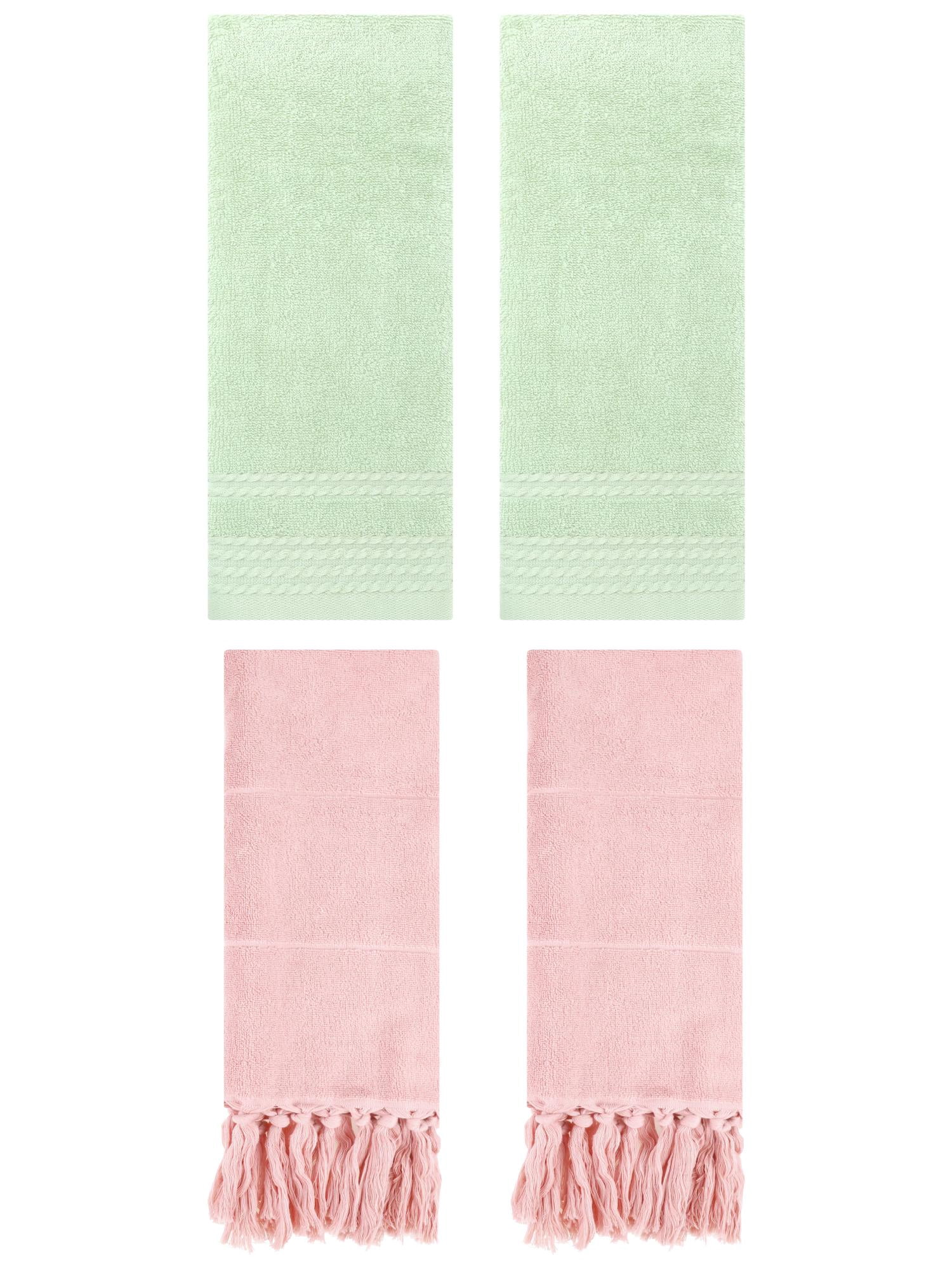 Unique Bargains 4 Packs Striped Tassels Hand Towels 14" x 30" Pink/Green