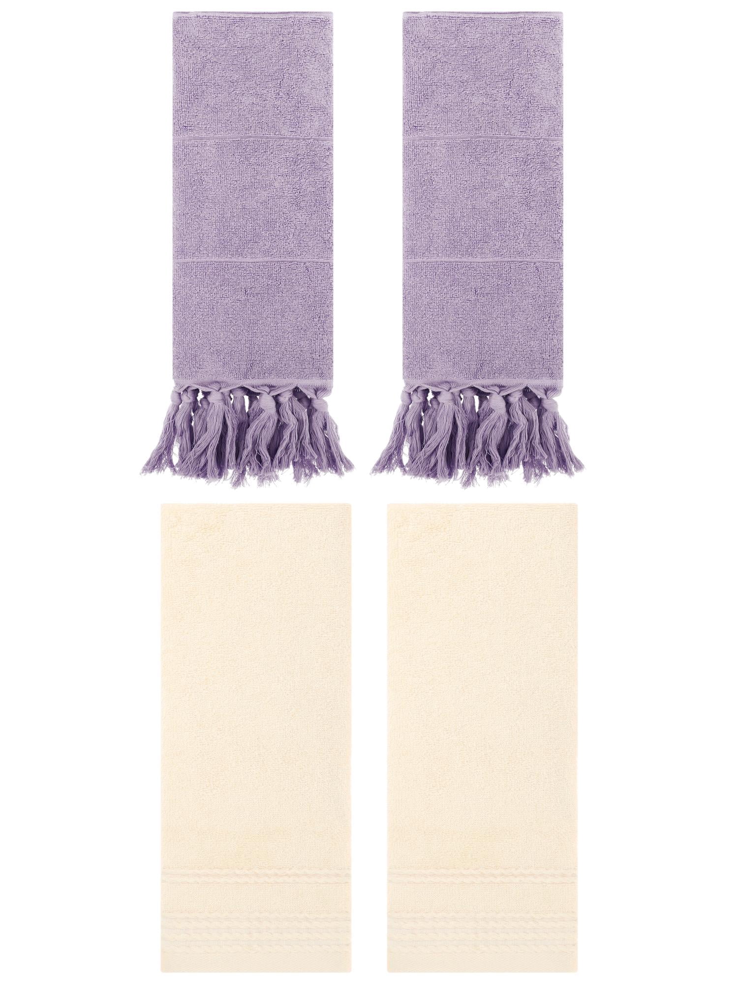 Unique Bargains 4 Packs Striped Tassels Hand Towels 14" x 30" Purple/Beige