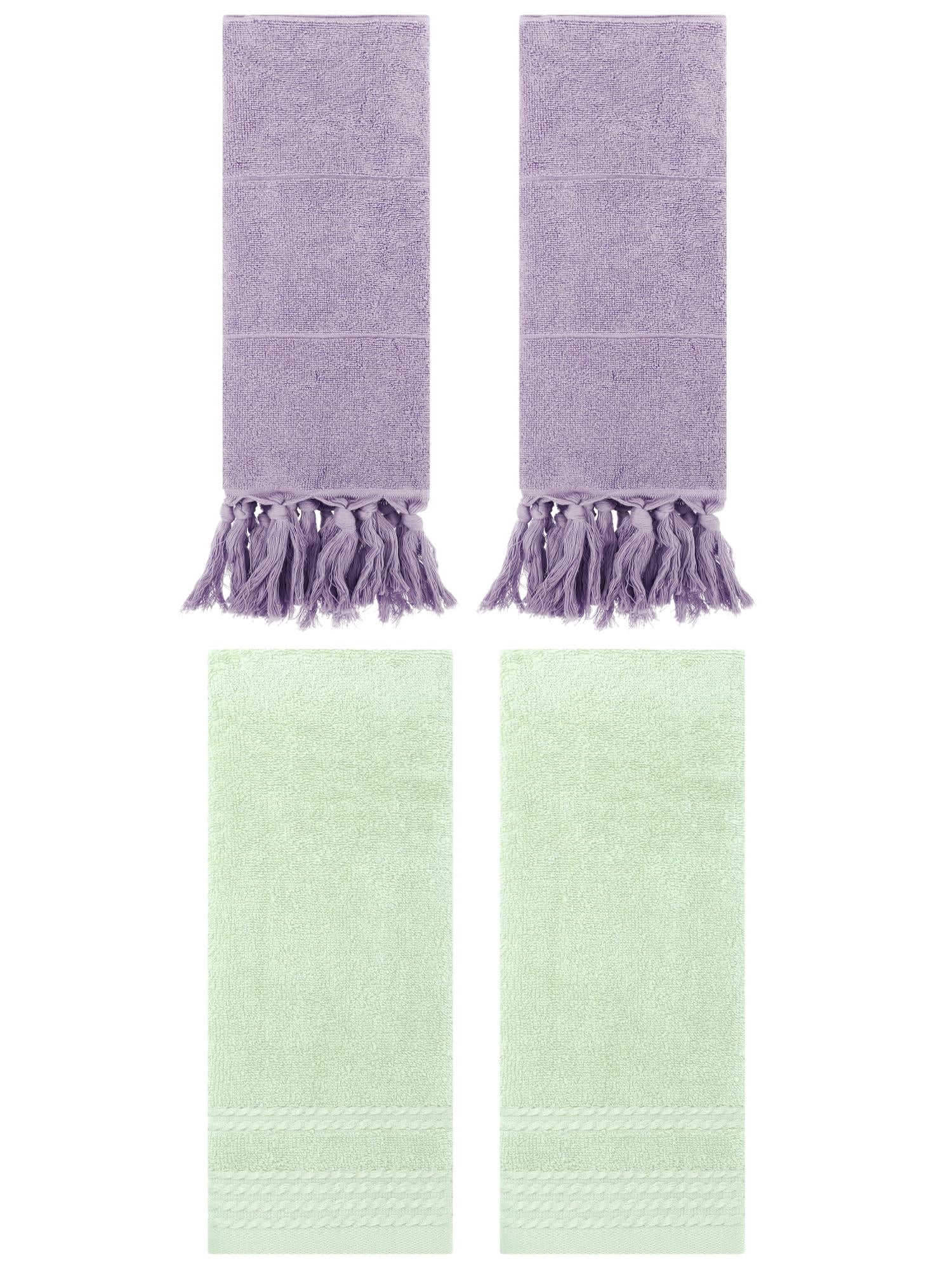 Unique Bargains 4 Packs Striped Tassels Hand Towels 14" x 30" Purple/Green