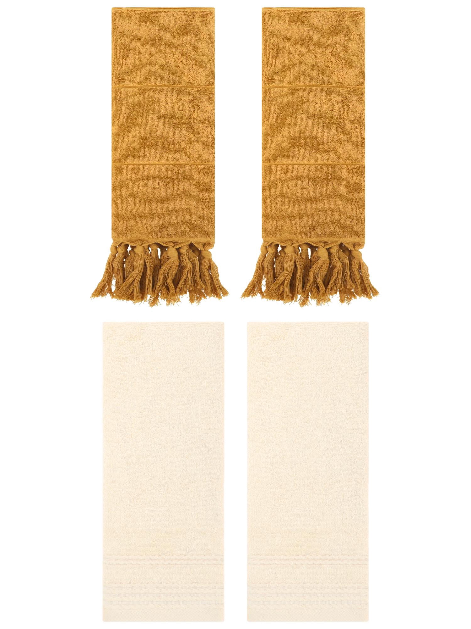 Unique Bargains 4 Packs Striped Tassels Hand Towels 14" x 30" Yellow/Beige