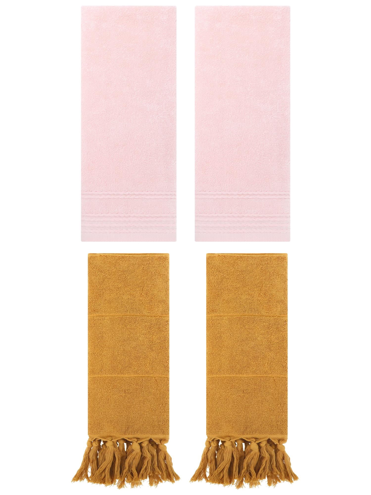 Unique Bargains 4 Packs Striped Tassels Hand Towels 14" x 30" Yellow/Pink
