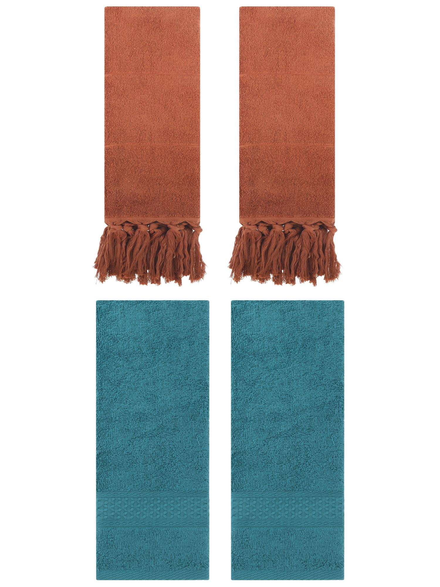 Unique Bargains 4 Packs Textured Tassels Hand Towel Brown/Dark Green 14" x 30"/13" x 30"