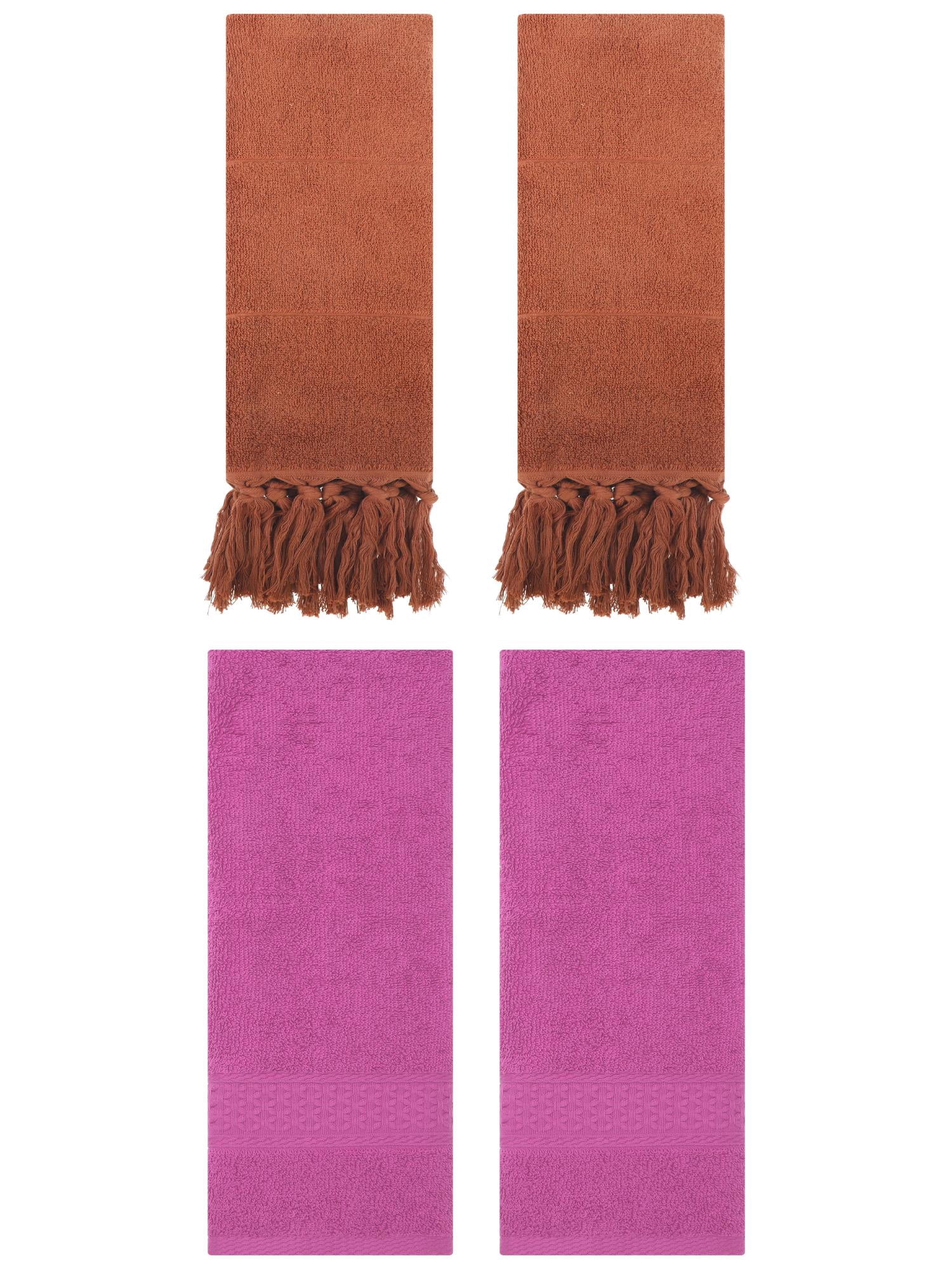 Unique Bargains 4 Packs Textured Tassels Hand Towel Brown/Dark Pink 14" x 30"/13" x 30"