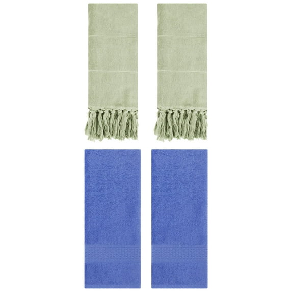 Unique Bargains 4 Packs Textured Tassels Hand Towel Green/Blue 14" x 30"/13" x 30"