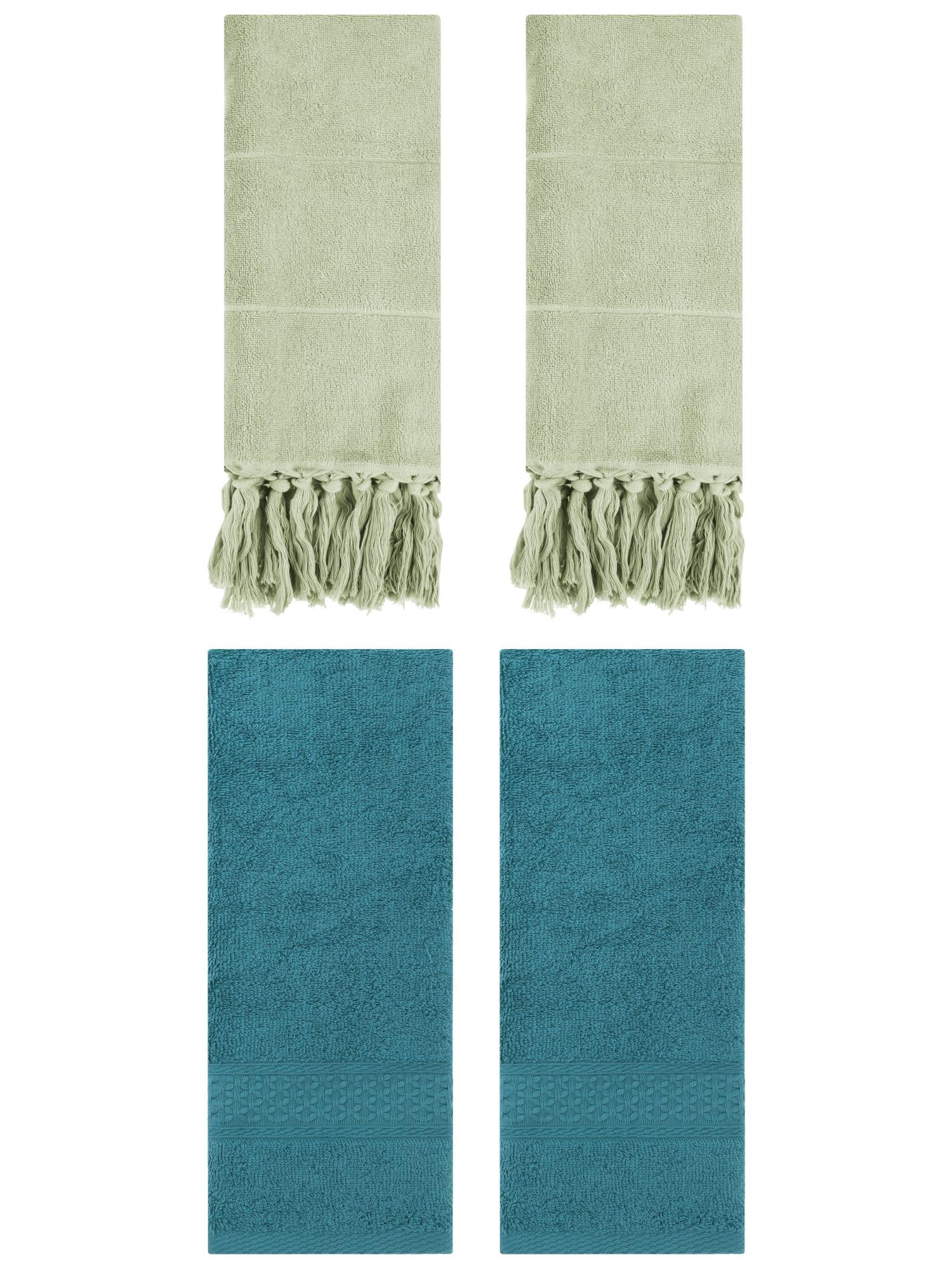 Unique Bargains 4 Packs Textured Tassels Hand Towel Green/Dark Green 14" x 30"/13" x 30"