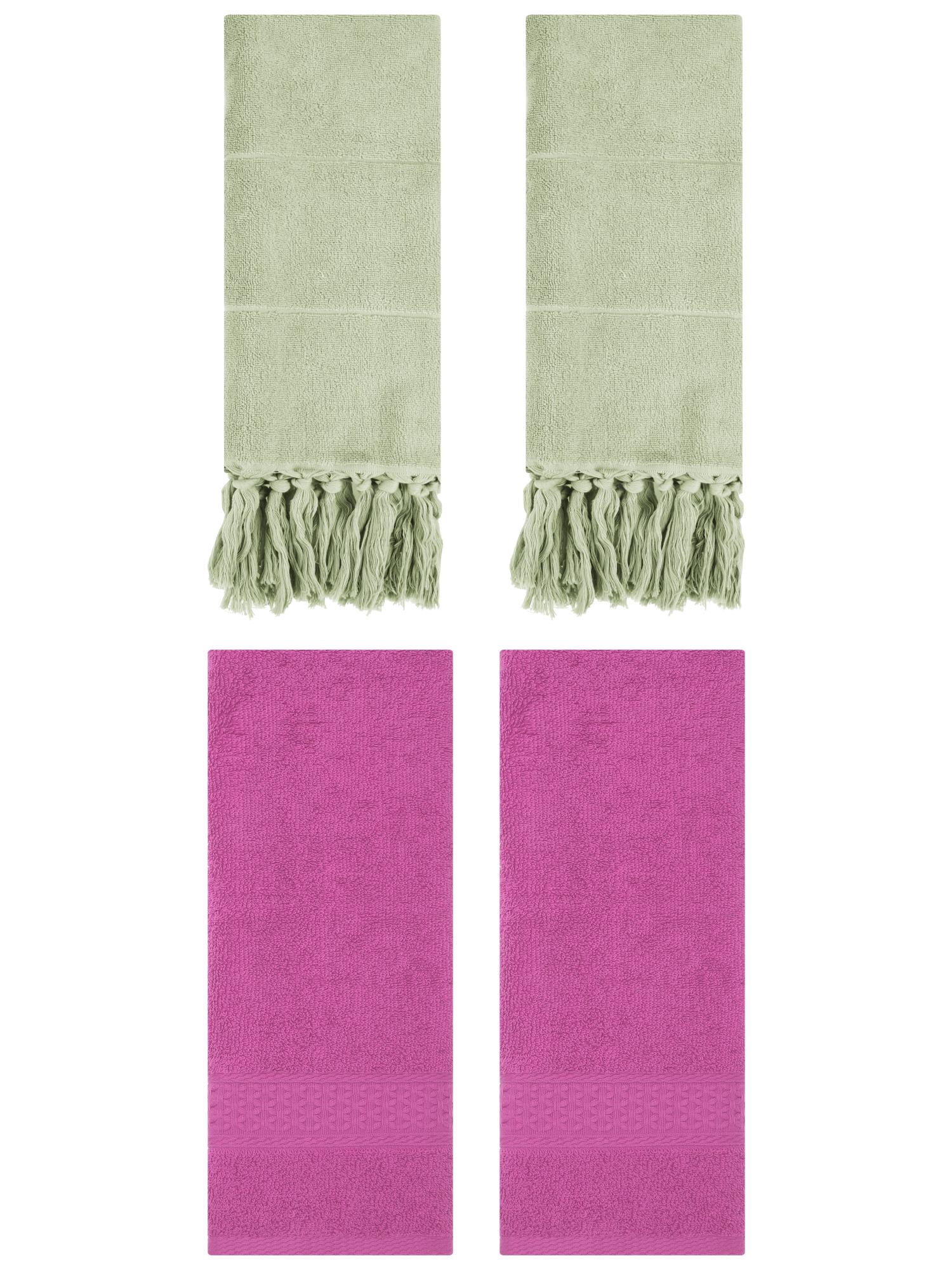 Unique Bargains 4 Packs Textured Tassels Hand Towel Green/Dark Pink 14" x 30"/13" x 30"