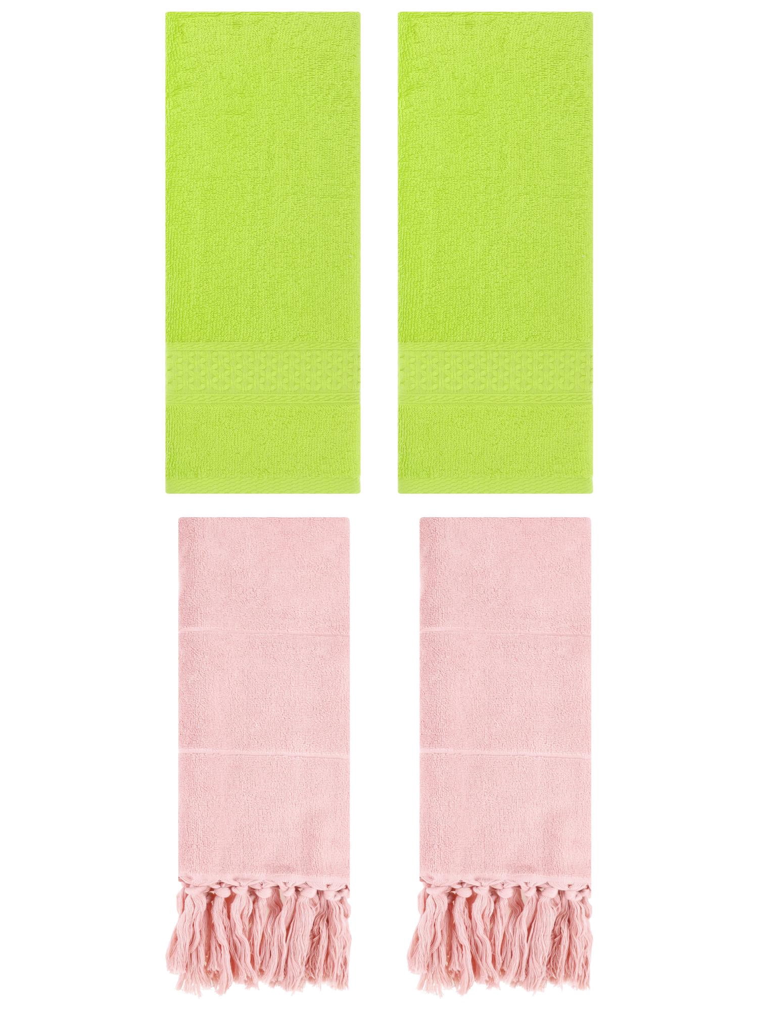 Unique Bargains 4 Packs Textured Tassels Hand Towel Pink/Light Green 14" x 30"/13" x 30"