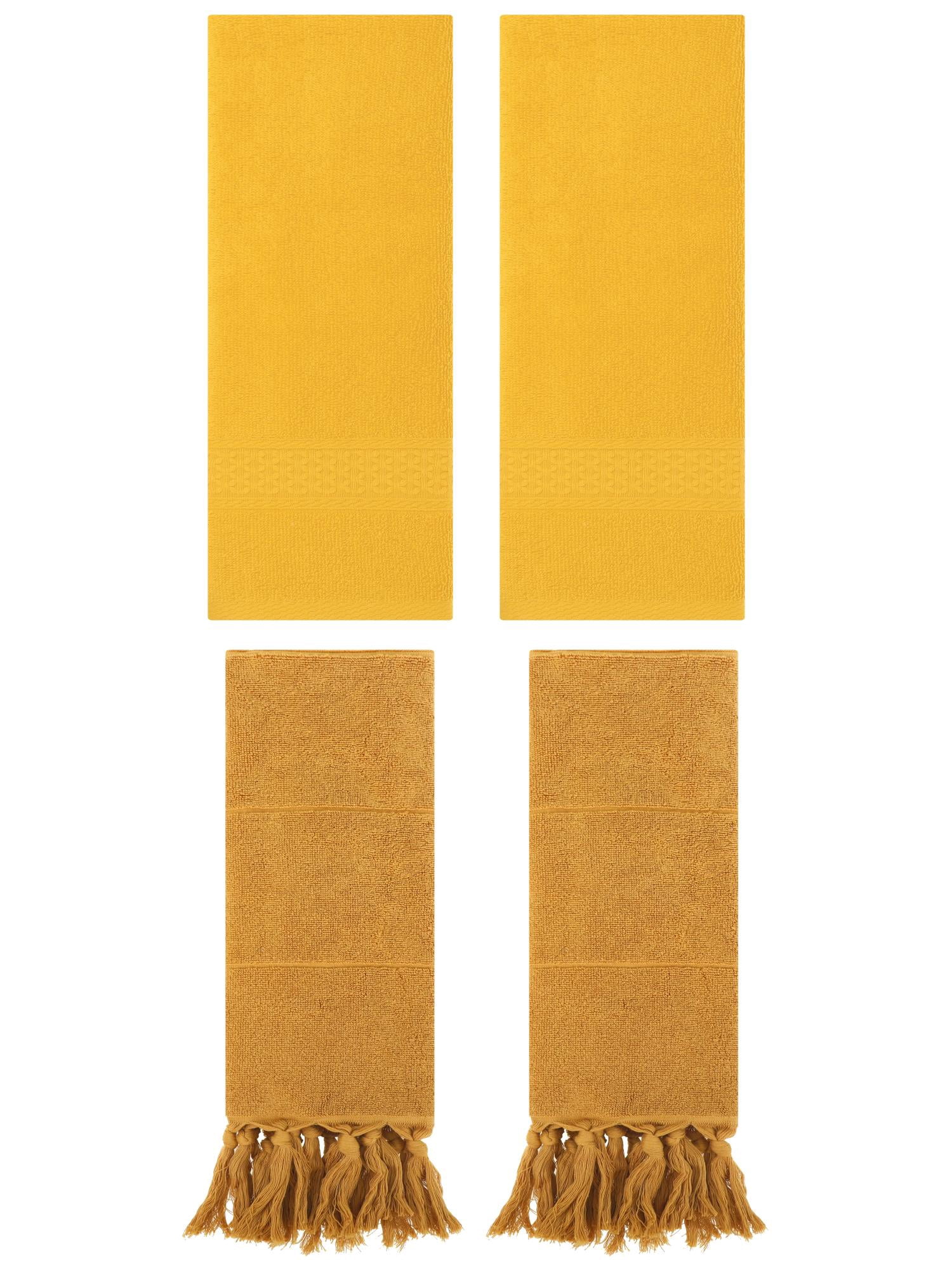 Unique Bargains 4 Packs Textured Tassels Hand Towel Yellow 14" x 30"/13" x 30"