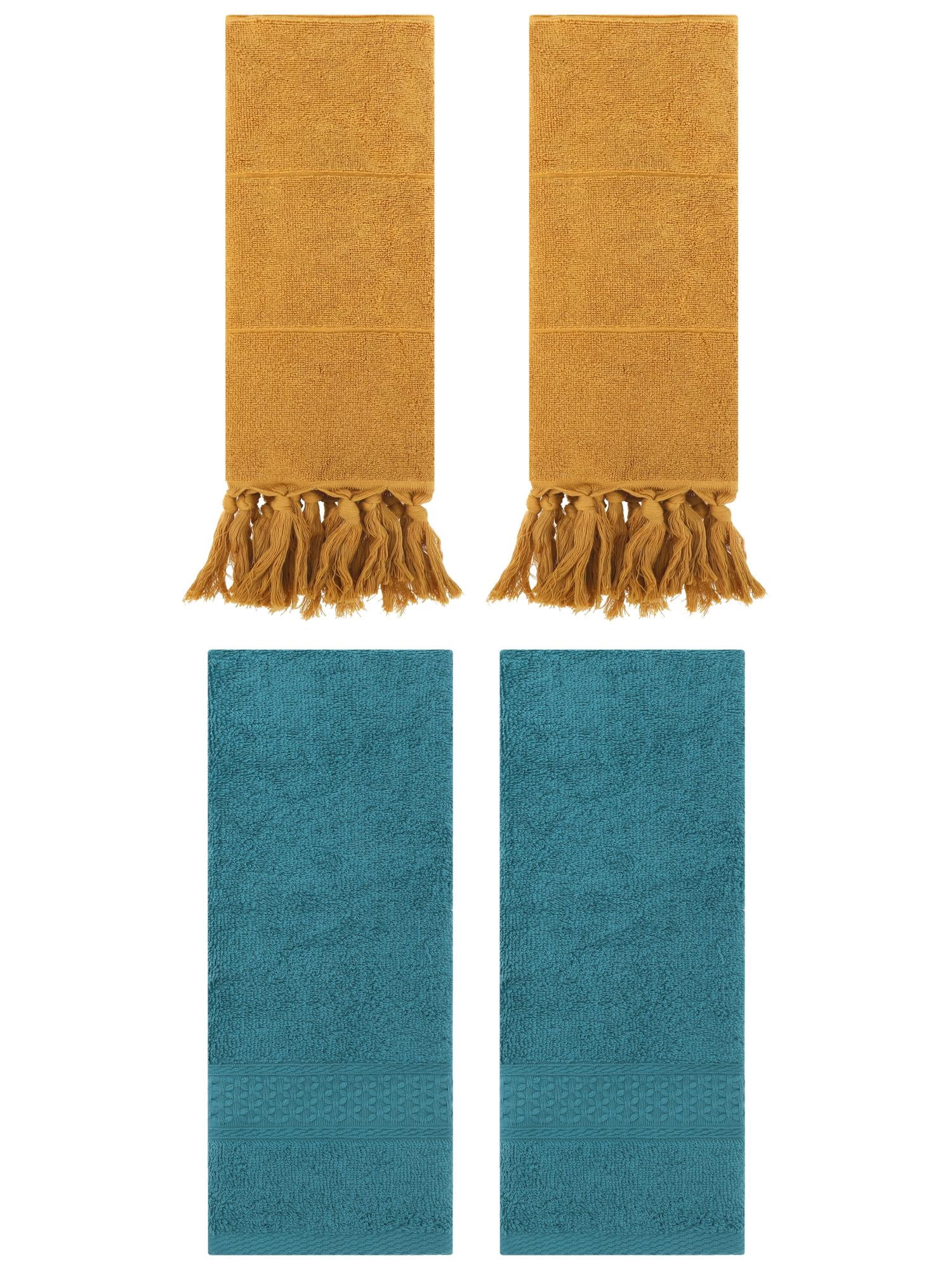 Unique Bargains 4 Packs Textured Tassels Hand Towel Yellow/Dark Green 14" x 30"/13" x 30"