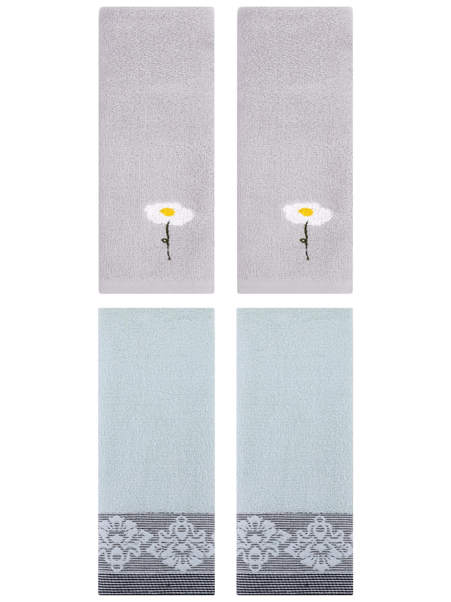 Unique Bargains 4 Pcs Absorbent Floral Hand Towels Grey/Blue 13" x 30"/13" x 29"
