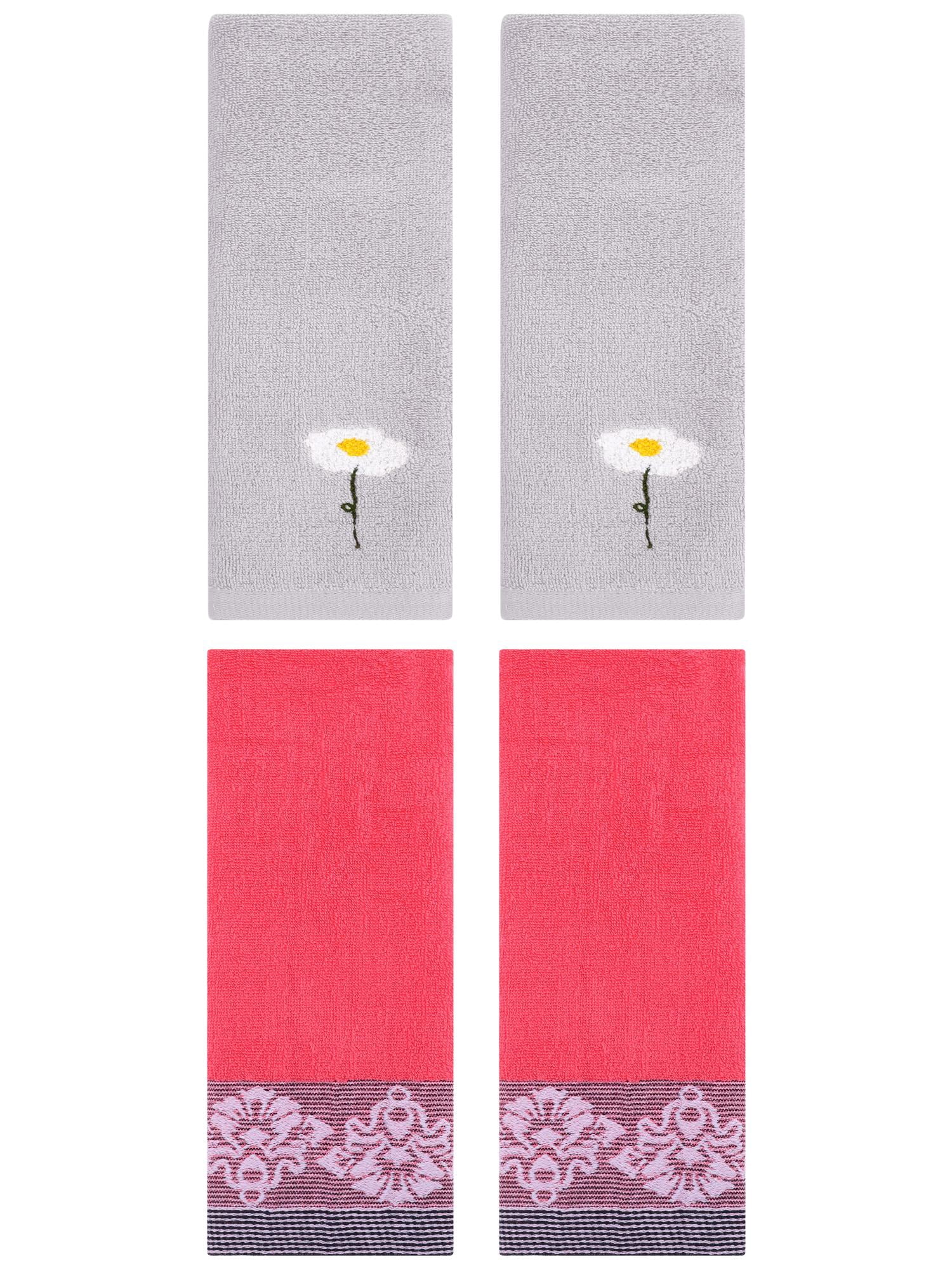 Unique Bargains 4 Pcs Absorbent Floral Hand Towels Grey/Pink 13" x 30"/13" x 29"