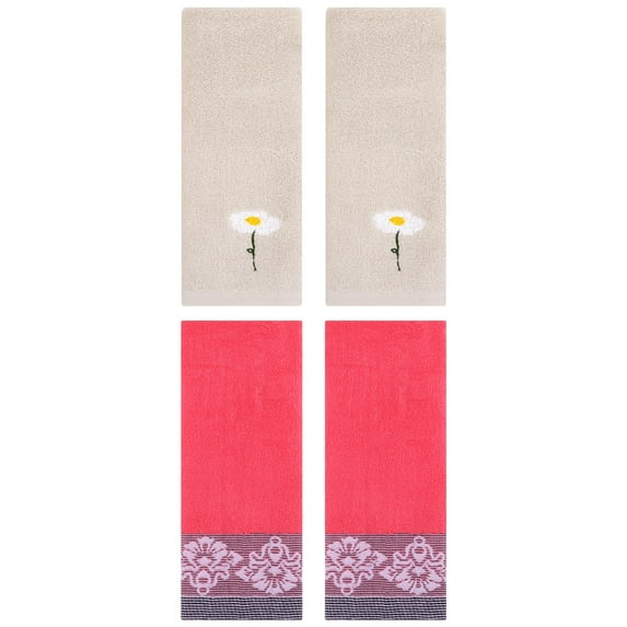Unique Bargains 4 Pcs Absorbent Floral Hand Towels Light Brown/Pink 13" x 30"/13" x 29"